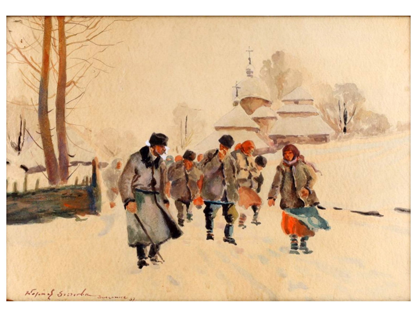 A POLISH SCHOOL, KRAKÓW, DATED 1933, WINTER VILLAGE SCENE: Watercolor and gouache on paper depicting a group of peasants and children walking along a snow-covered path before a village with a domed church in the distance, the composition rendered in a loose i