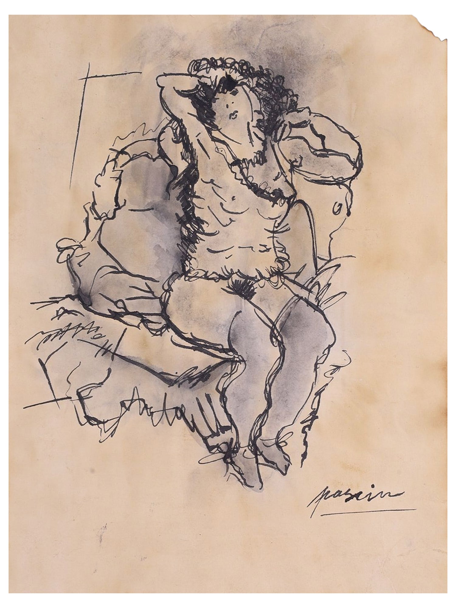 JULES PASCIN (AMERICAN-FRENCH, B. BULGARIA 1885–1930), SEATED FEMALE NUDE, C. 1915–1920: Ink on paper. Expressive figure study depicting a seated female nude rendered with rapid, confident black ink lines and fluid washes, emphasizing the contours of the torso, limbs, and head through spo