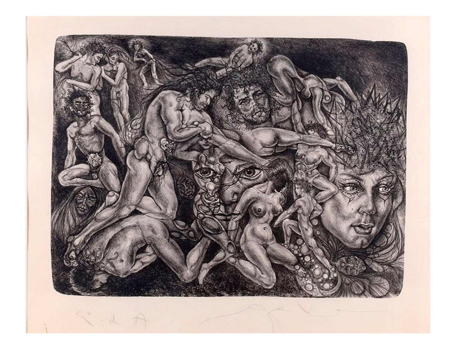 A EUROPEAN SCHOOL, SYMBOLIST SURREALIST COMPOSITION WITH FIGURES, ETCHING OR DRYPOINT, 20TH CENTURY: A highly imaginative and densely composed European print, executed in etching or drypoint, depicting a complex allegorical scene populated by intertwined nude figures, hybrid faces, and fantastical el