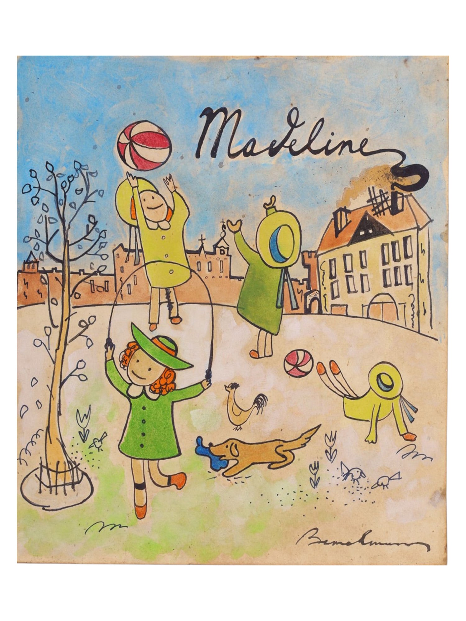 LUDWIG BEMELMANS (AMERICAN, 1898–1962), MADELINE, C. 1950 WATERCOLOR DRAWING: Watercolor and black ink on heavy paper. A lively street-scene composition depicting Madeline and other children at play in a Parisian setting, animated with bouncing balls, a skipping rope, animals, 