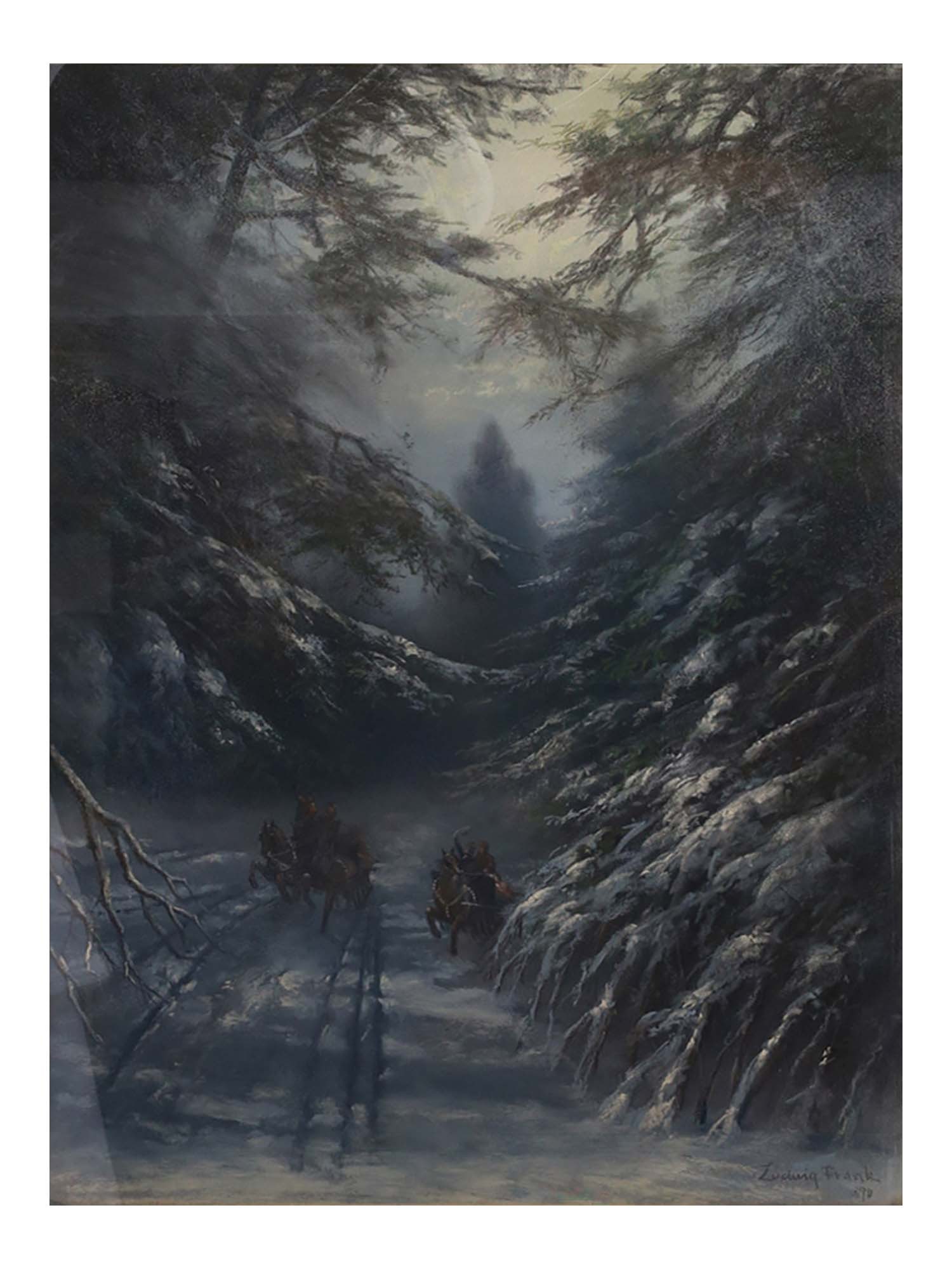 A SIGNED PRINT OF A WINTER FOREST SCENE BY LUDWIG FRANK, 20TH C.: Ludwig Frank (European, 20th century), color print on paper depicting a landscape with two horse-drawn carts driving through a winter forest. Signed by the artist lower right. Matted and framed. 20th-