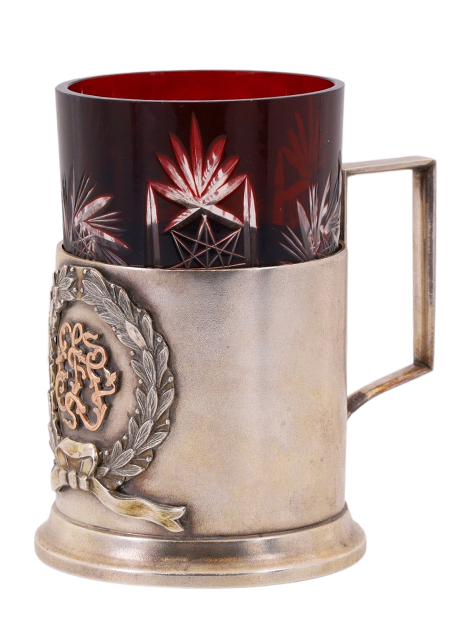 A RUSSIAN SILVER TEAGLASS HOLDER WITH RUBY GLASS CUP, CA. 1900 (1 of 7)