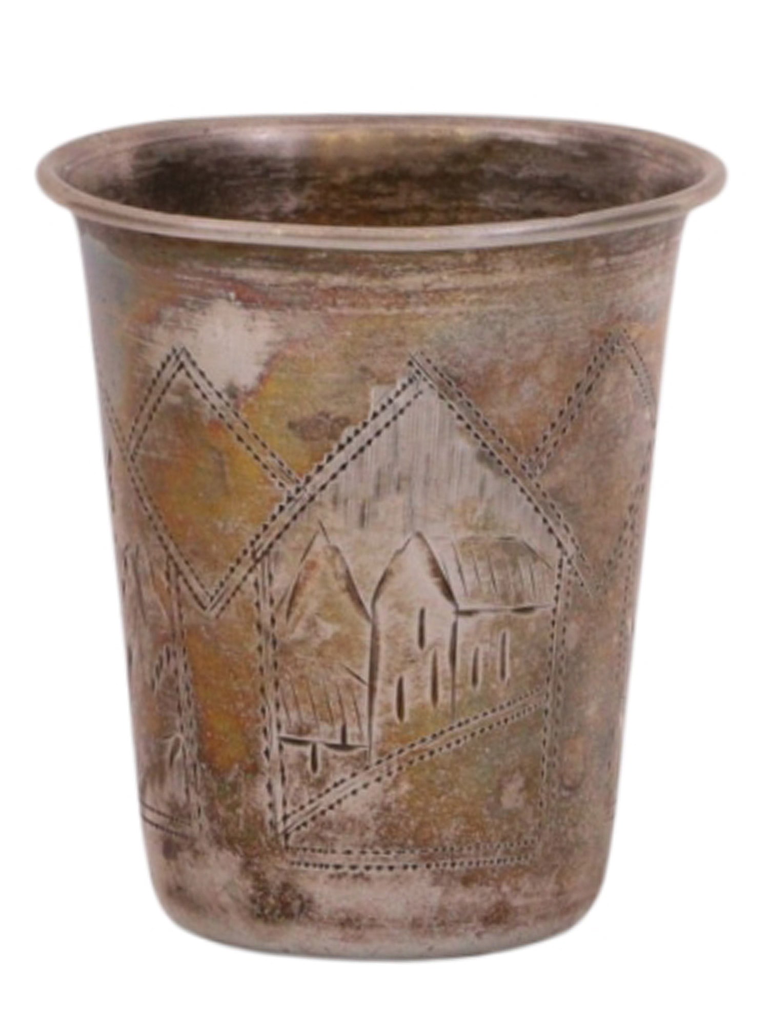 A RUSSIAN SILVER SHOT CUP WITH CITYSCAPE DECORATION, PRIVATE WORKSHOP, RUSSIA, LATE 19TH CENTURY: Of slightly tapering conical form, the body engraved with a combination of geometric ornament, floral motifs, and medallions depicting stylized city views. The decorative program reflects a late Imper