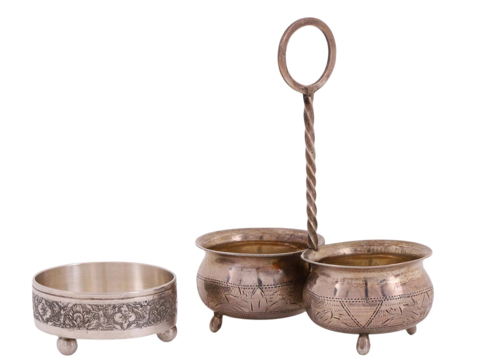 A LOT OF RUSSIAN SILVER ITEMS, SALT CELLARS AND PEPPER SHAKERS, MOSCOW, 1896: Comprising a pair of open salt cellars of rounded form raised on three ball feet, joined by a central twisted handle with ring finial, together with a separate circular salt cellar on three ball feet 