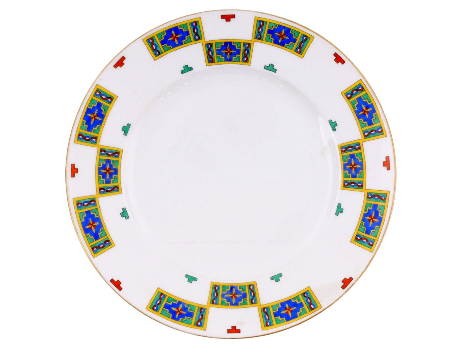 A RUSSIAN KORNILOV PORCELAIN DINNER PLATE, CA. 1900: A Russian porcelain plate by the Kornilov Brothers Porcelain Manufactory, produced around 1900. The polychromatic decoration is rendered in the pan-slavic style. The underside is marked with the Korni