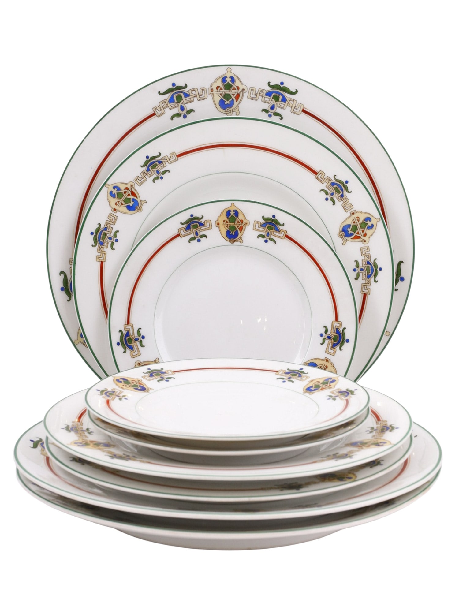 A RUSSIAN KORNILOV PORCELAIN 9-PC SERVICE SET, EARLY 20TH CENTURY: A Russian porcelain service set comprising nine plates, all made by the Kornilov Brothers Porcelain Manufactory for the export market and marked with their symbol on the undersides. The polychrome dec