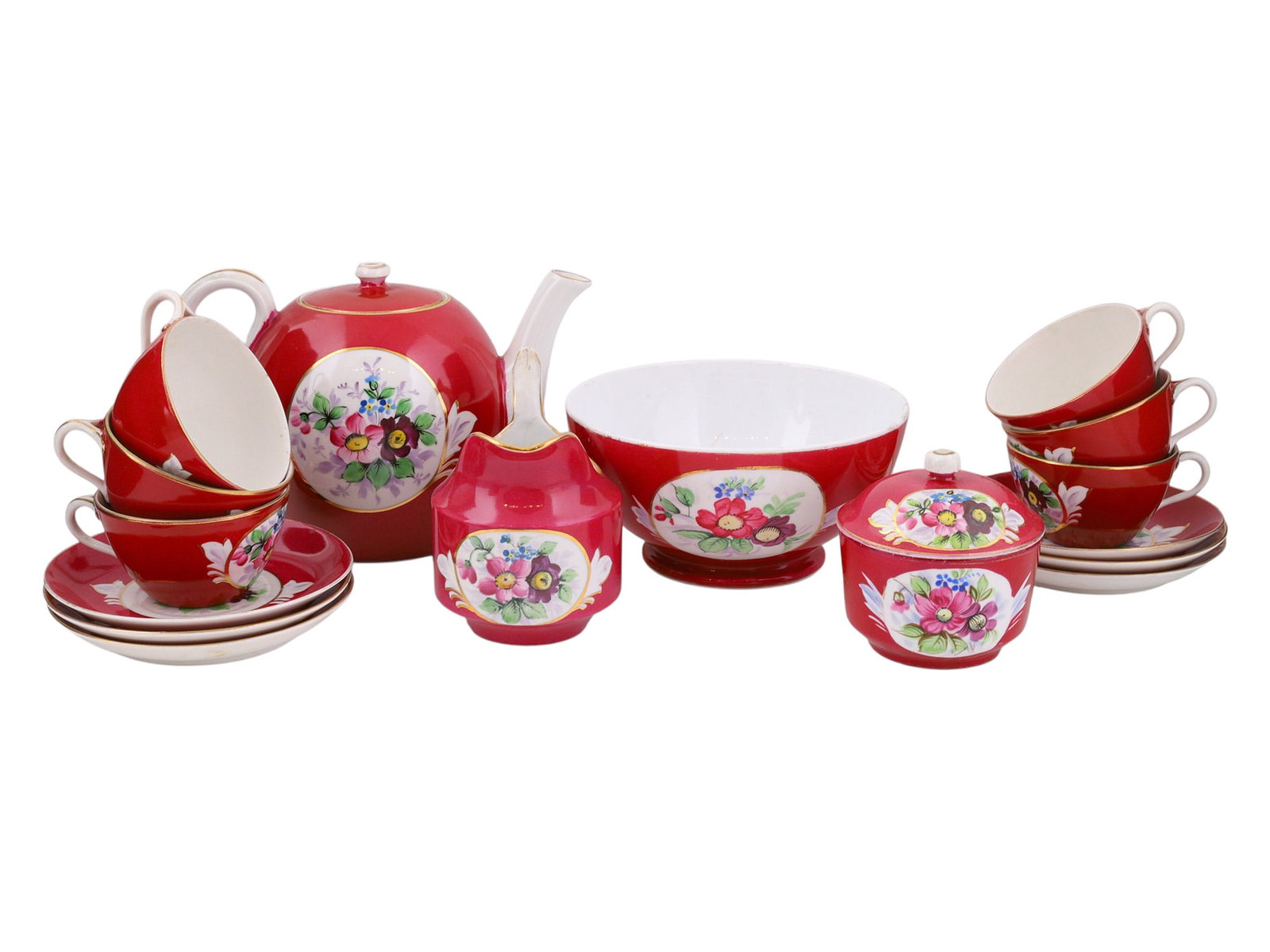 A RUSSIAN KUSNETSOV PORCELAIN 16-PIECE TEA SET, EARLY 20TH CENTURY (1 of 8)