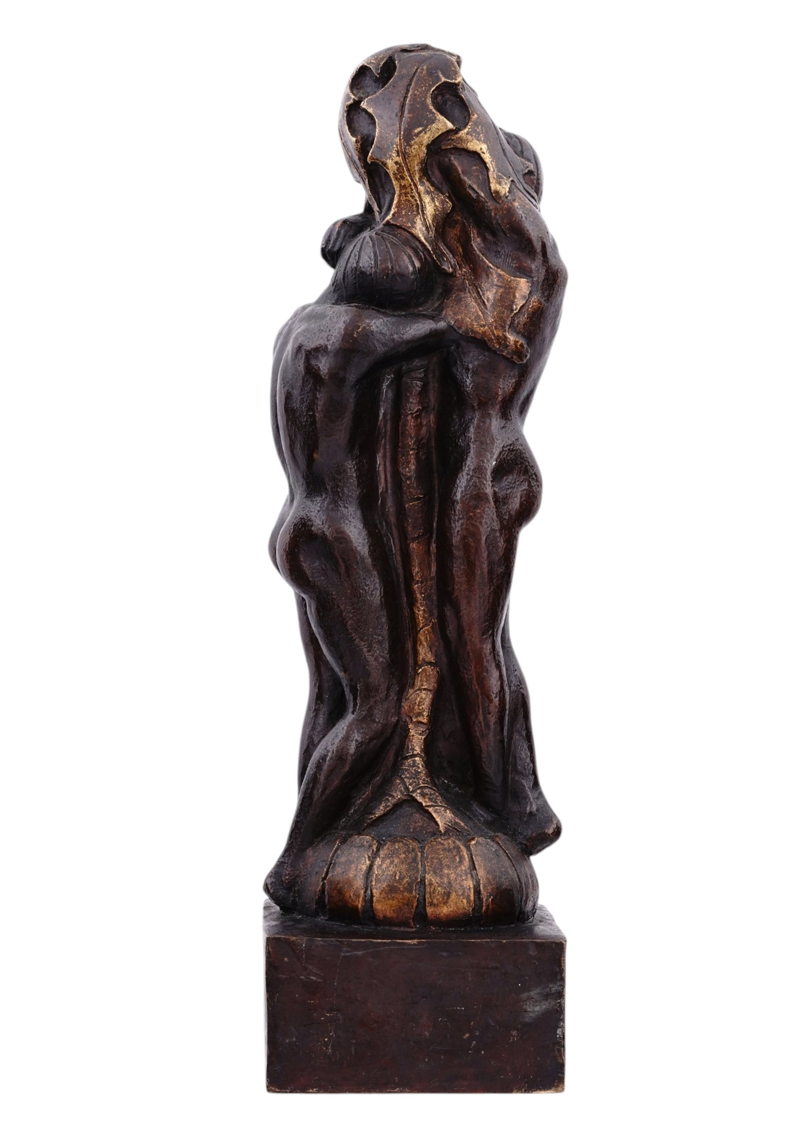 A HARIETTE G. MILLER, AMERICAN PARCEL GILT BRONZE SCULPTURE, "ADAM AND EVE," 1927: Harriette G. Miller (American, 1892 - 1971), a patinated and gilt bronze sculpture of the nude couple Adam and Eve embracing a tree, signed to the base "H.G. Miller," dated "1927," and marked "(c) Cir