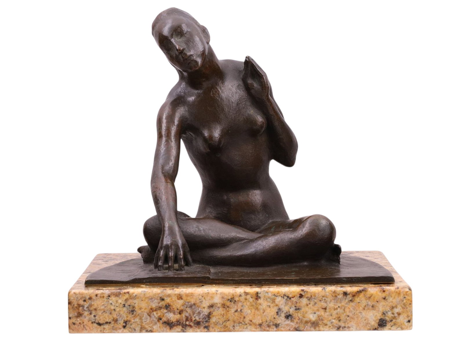 A BERNHARD SOPHER (1879-1949) BRONZE, A SEATED NUDE WOMAN, C. 1930: A bronze by the Syrian-born, German-American sculptor Bernhard Sopher (1879-1949), depicting a nude woman in a crisscross seated position. Sopher was born in Safed, Syria in 1879, moving to Germany by