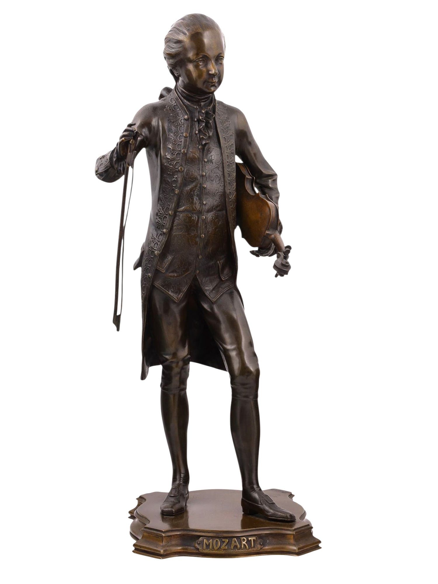 AN AUSTRIAN BRONZE FIGURE OF MOZART, SIGNED PAULI, EARLY 20TH CENTURY: Cast as the young composer standing in an elegant waistcoat and breeches, a violin tucked under his left arm and bow in his right hand, on a shaped plinth inscribed MOZART. The base is stamped Austria