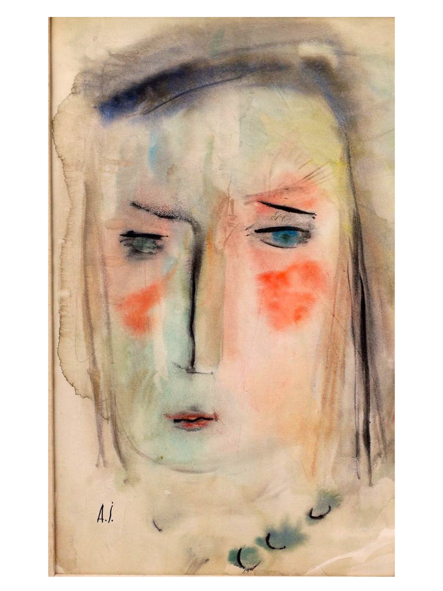 A WATERCOLOR ATTRIBUTED TO ALEXEJ VON JAWLENSKY (RUSSIAN-GERMAN, 1864?1941): A delicate expressionist portrait of a female face rendered in soft, translucent washes of watercolor. The work emphasizes simplified geometric shaping of the facial planes, with heightened chromatic