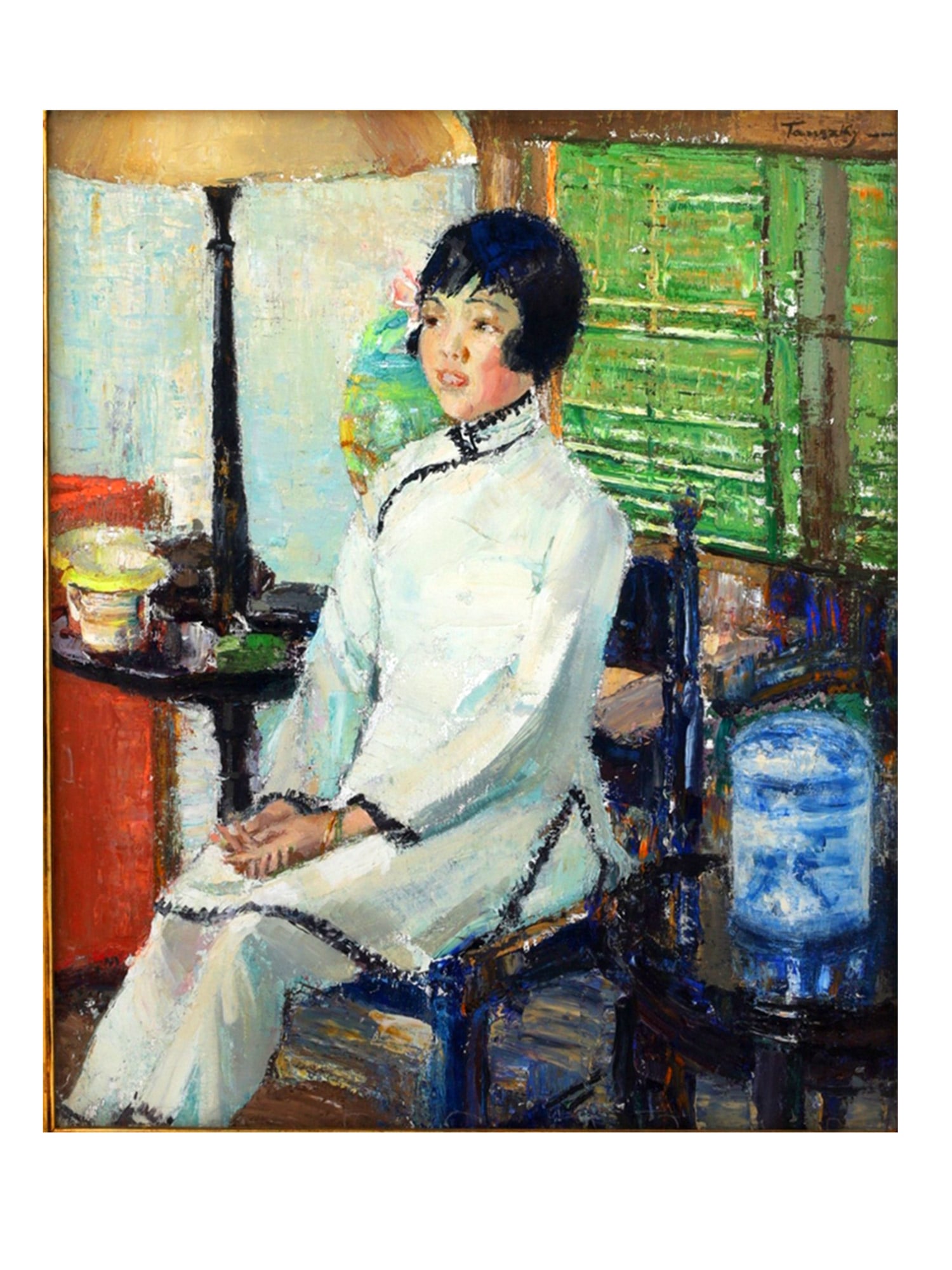 DAVID ANTHONY TAUSZKY (AMERICAN, 1878?1972), SEATED WOMAN IN A WHITE DRESS: Oil on canvas. Signed upper right "Tauszky." The painting depicts a fashionable young woman seated in an elegant interior, dressed in a white high-collared gown accented with black trim. The sitter