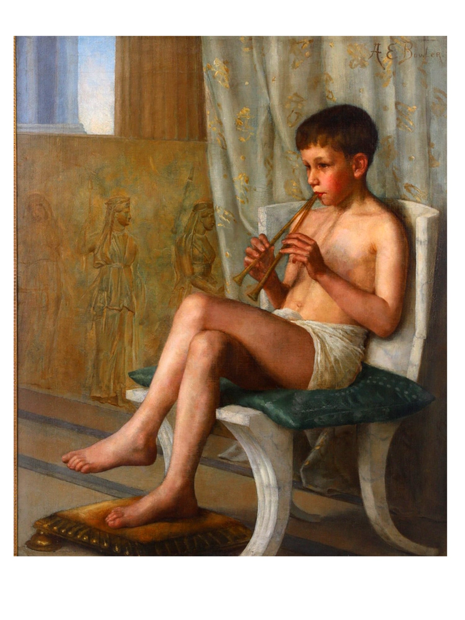 A. E. BOWLER, THE YOUNG MUSICIAN, OIL ON CANVAS: Oil on canvas. Signed upper right "A. E. Bowler." The painting depicts a young boy seated upon a neoclassical chair, absorbed in playing a double flute or aulos-like instrument. Draped in a simple whi