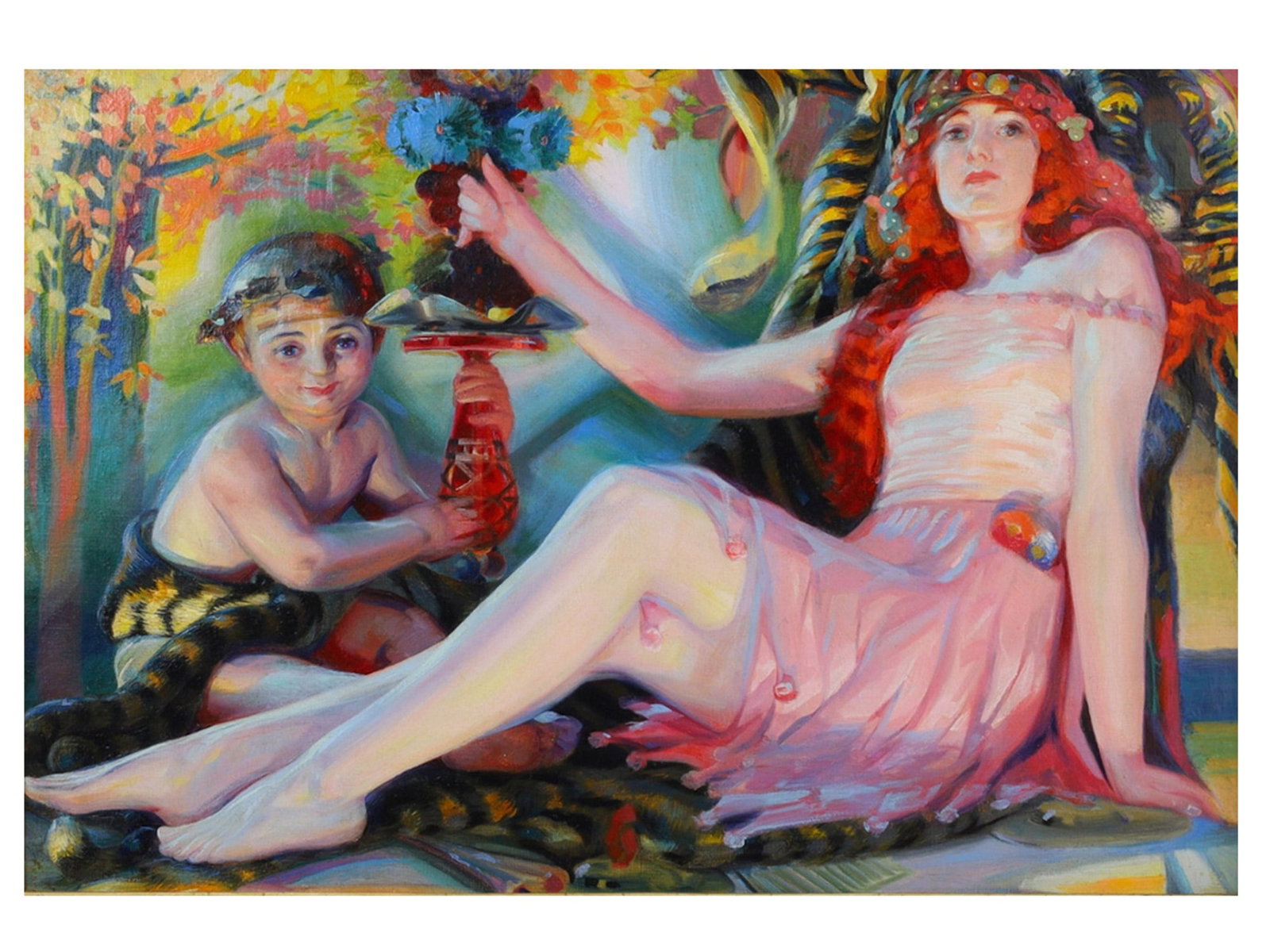 AN O/C PAINTING R.G.S. (ACTIVE EARLY 20TH CENTURY), ALLEGORICAL FIGURE WITH CHILD, DATED OCTOBER: Oil on canvas. Signed with initials and dated "Oct. 24" upper left. Depicting a red-haired female figure wearing a floral headdress seated beside a child holding a decorative vessel, rendered in a vib