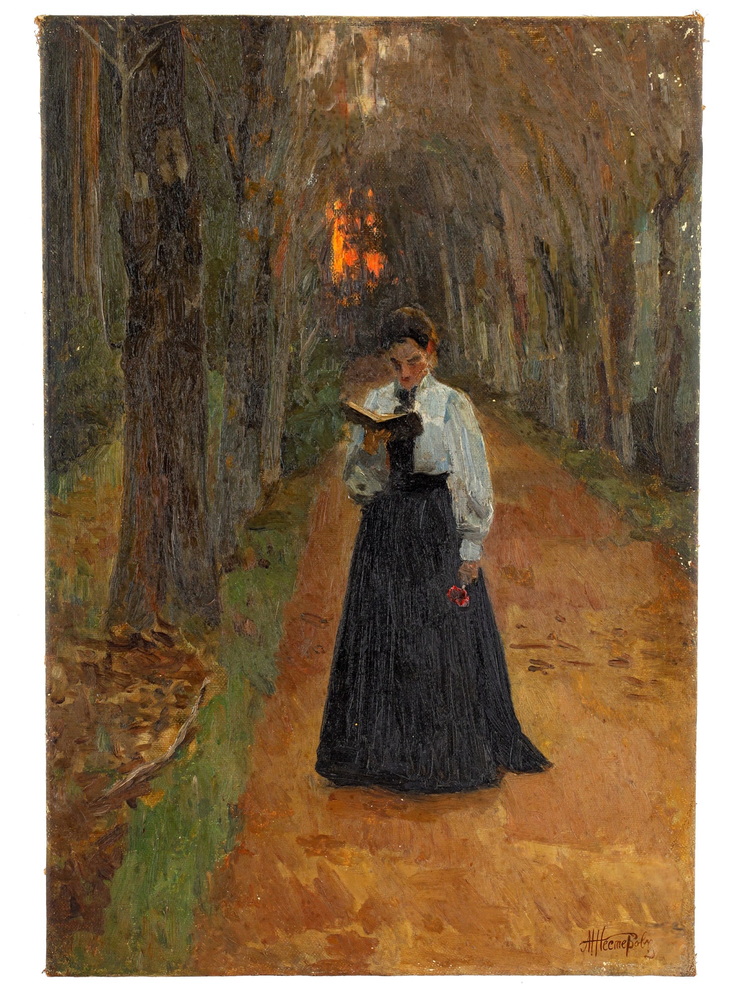 AN OIL ON CANVAS PAINTING, SIGNED "M. V. NESTEROV": Oil on canvas depicting a young woman standing on a wooded path, absorbed in reading a book. The composition is rendered in a subdued palette of earthy browns, greens, and warm ochres, with the figure