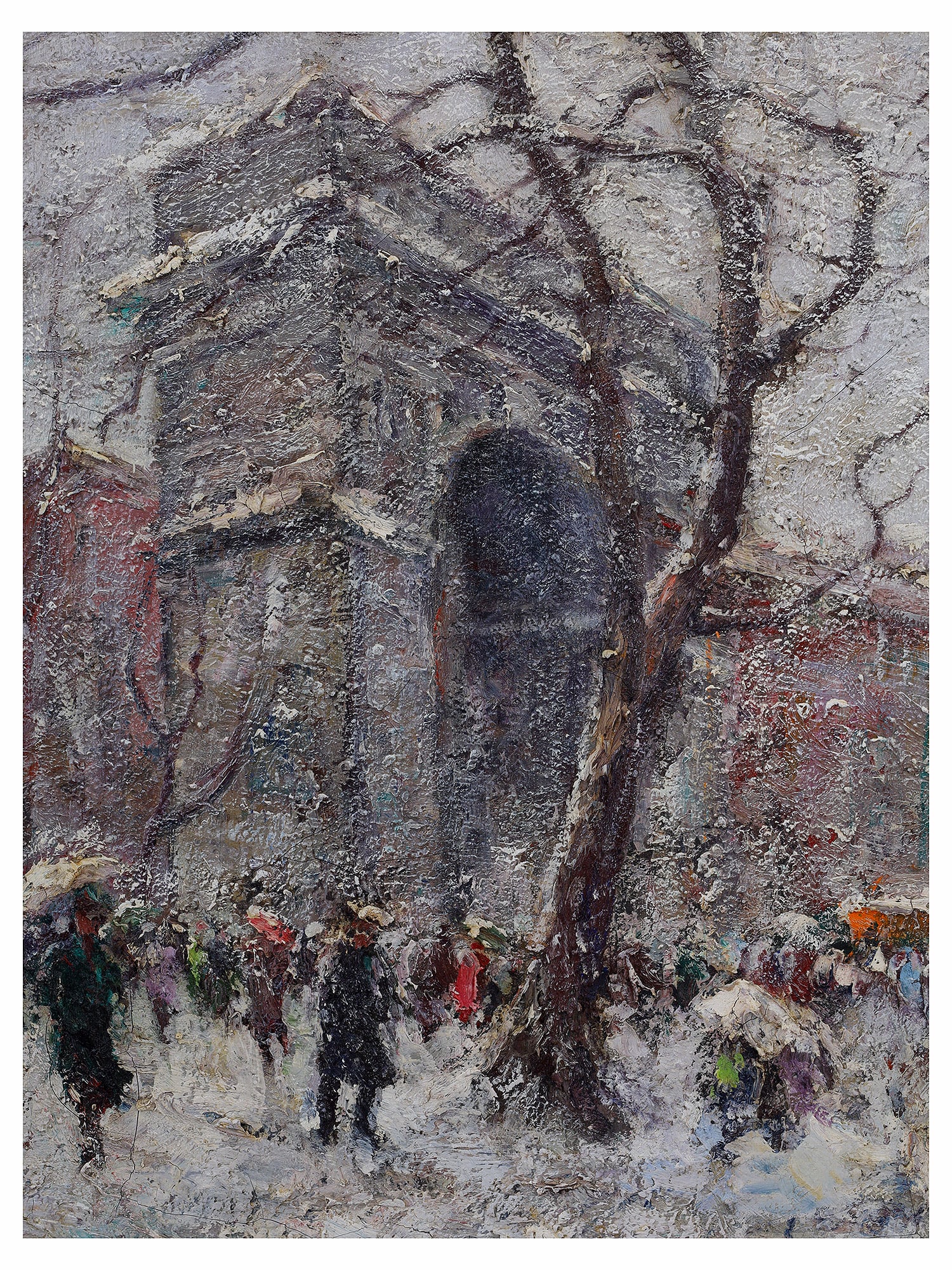 VLADIMIR LAZAREV (RUSSIAN - AMERICAN, 1904-1988) SIGNED 'WASHINGTON SQUARE PARK IN WINTER' OIL ON: Oil on canvas, signed and dated lower left "V. Lazarev 1954." The painting depicts Washington Square Park in New York City during a snowfall, centered on the iconic Washington Square Arch. Crowds of p