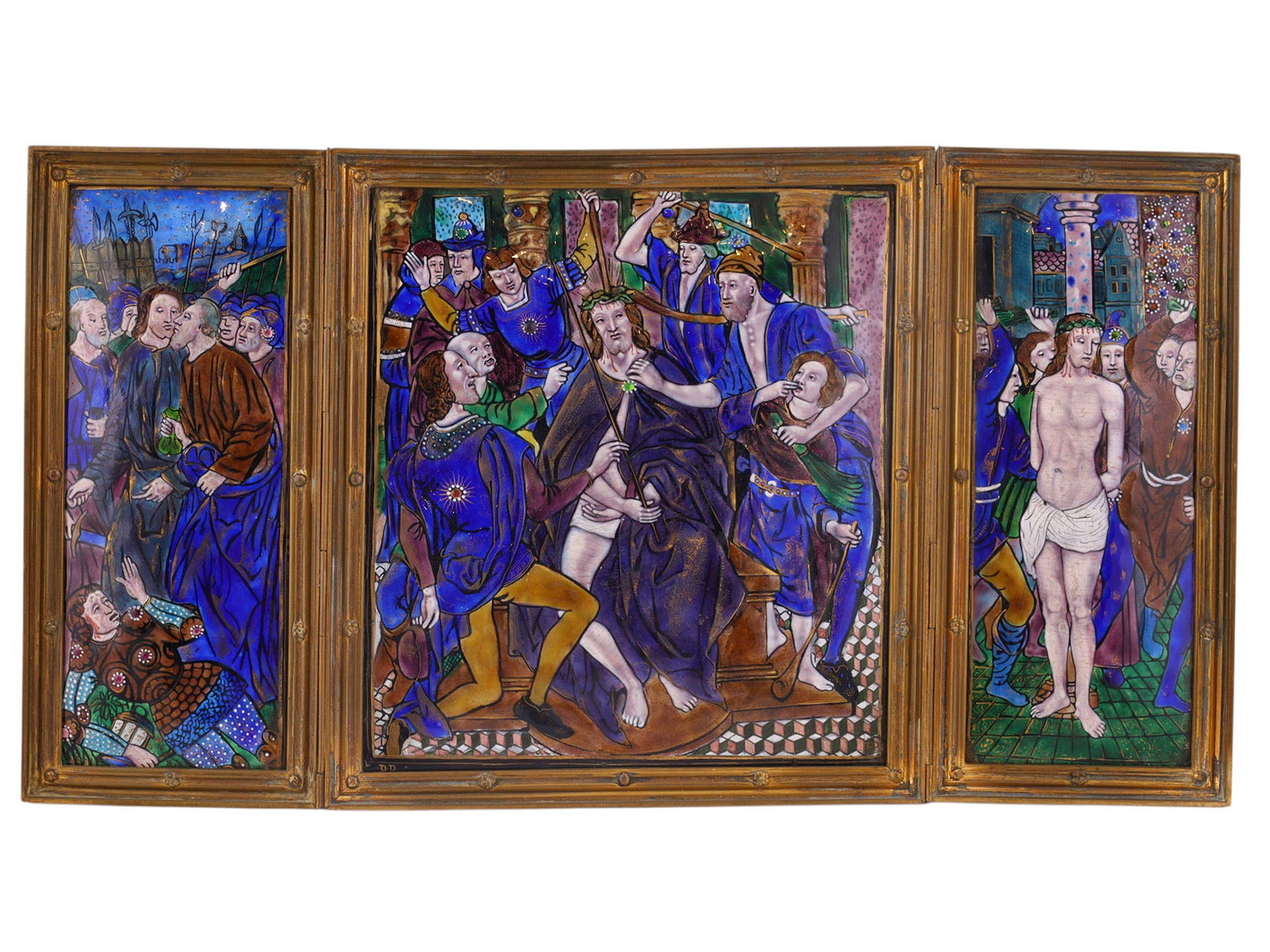 AN EARLY LIMOGES ENAMEL TRIPTYCH DEPICTING SCENES FROM THE PASSION OF CHRIST, FRANCE, 18TH CENTURY: Painted enamel on copper mounted within gilt metal folding frames. The triptych is composed of three panels depicting episodes from the Passion of Christ. The left panel portrays the Betrayal of Chris