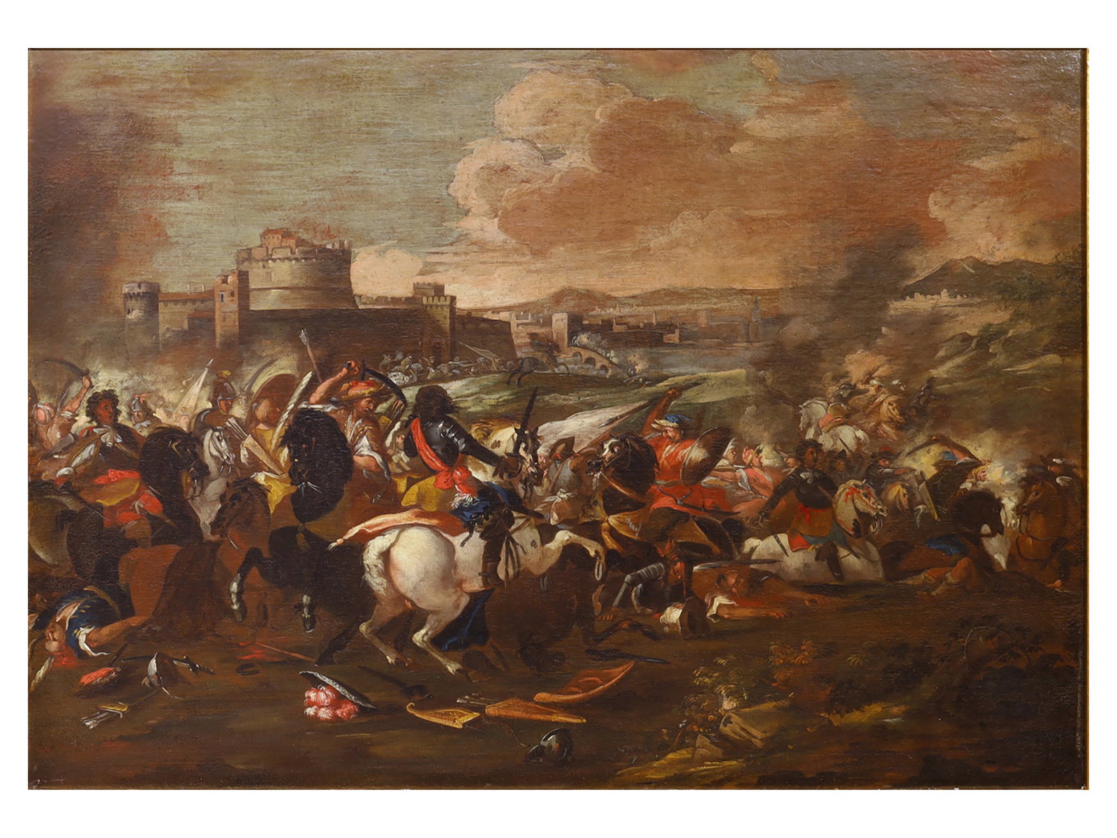 AN 18TH CENTURY ITALIAN BATTLE SCENE OIL ON CANVAS PAINTING (1 of 3)