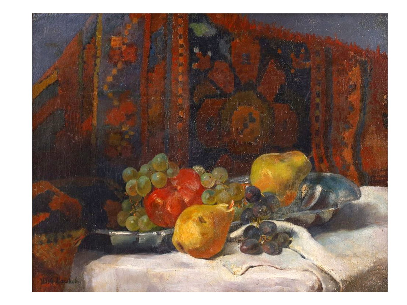 MASHKOV (RUSSIAN) OIL ON CANVAS STILL LIFE PAINTING, ATTR. TO: Attributed to Ilya Ivanovich Mashkov (Russian, 1881–1944), titled "Still Life with Fruit and Fish", early 20th century.A bold and vibrant still life composition featuring richly hued grapes, pea