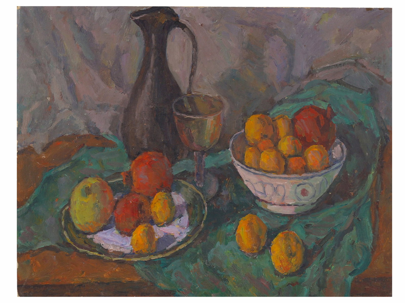A STILL LIFE WITH FRUIT, PITCHER AND GOBLET, INSCRIBED "R. FALK", PARIS, 1931, OIL ON BOARD: The work is executed with broad, energetic brushstrokes and a rich palette of greens, reds, oranges, and muted violet-gray tones characteristic of Post-Impressionist painting. The reverse bears an ins