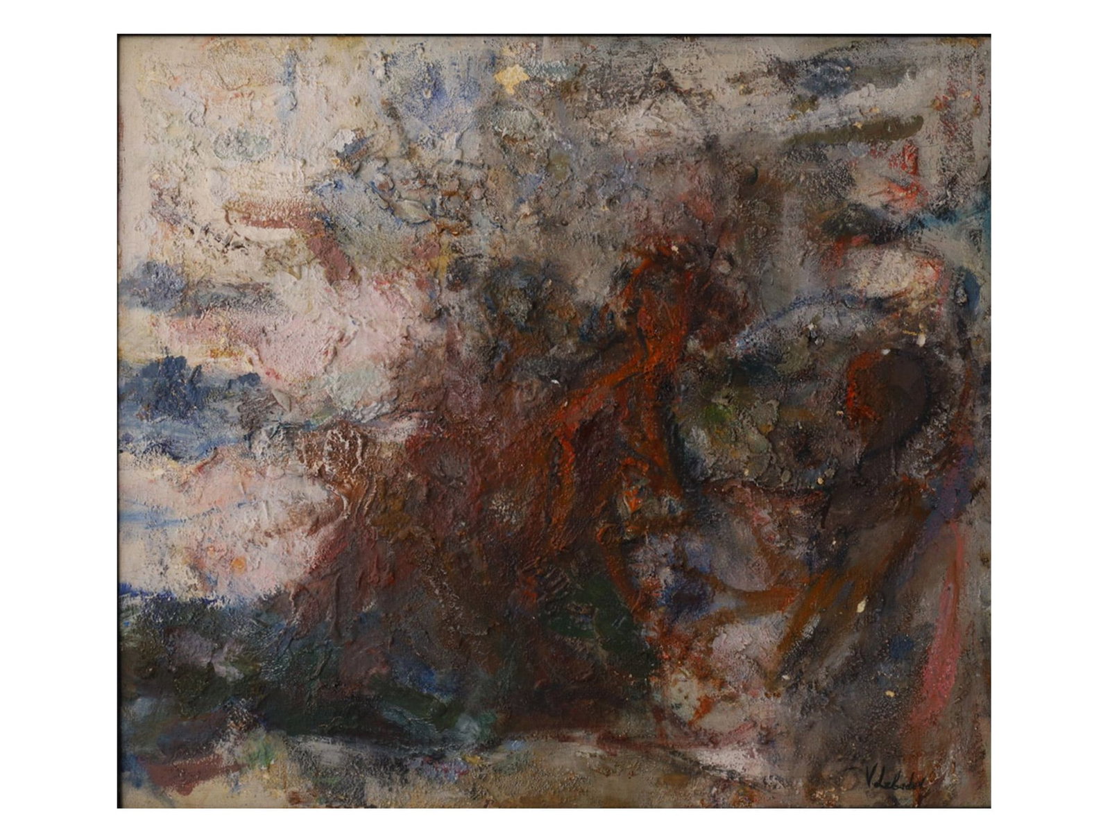 A VLADIMIR LEBEDEV, "ABSTRACTION", 1950?60, OIL ON CANVAS PAINTING: A post-war abstract composition executed in a sculptural relief technique, building form through dense impasto and aggregated mixed media. Organic, possibly zoomorphic forms appear to emerge from a la