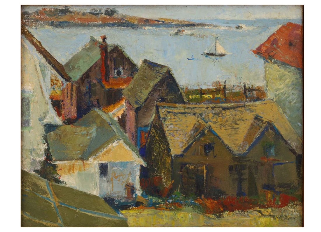 A B. POLIVKA CALIFORNIA OIL ON CANVAS PAINTING: B. POLIVKA (20th Century), A CALIFORNIA OIL ON CANVAS PAINTING titled: "The Bay at Mendocino".Signed lower right: B. Polivka, inscribed on the stretcher in artist’s hand: "The Bay at Mendocino, 