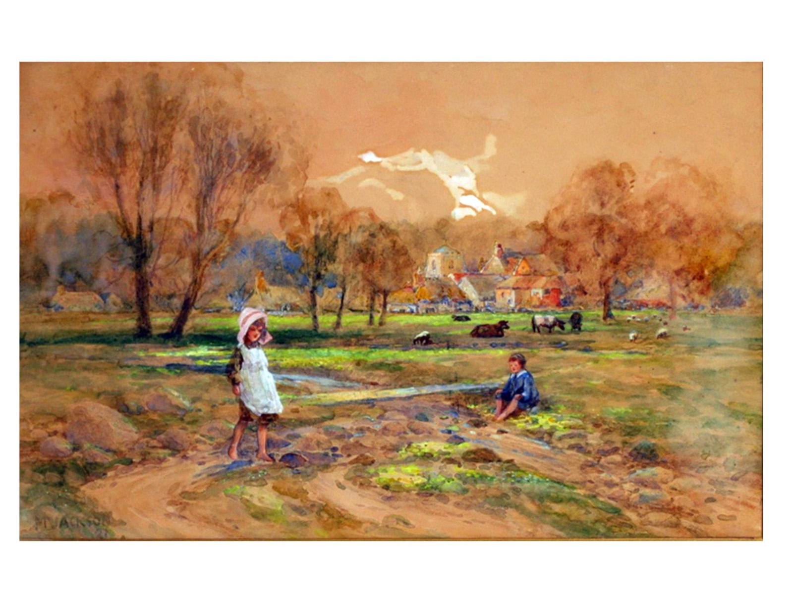 A WATERCOLOR LANDSCAPE WITH TWO CHILDREN BY M. JACKSON, DATED 1921: Watercolor on paper depicting a charming pastoral landscape with two children beside a winding stream in the foreground. The composition presents a peaceful rural setting animated by grazing livestock
