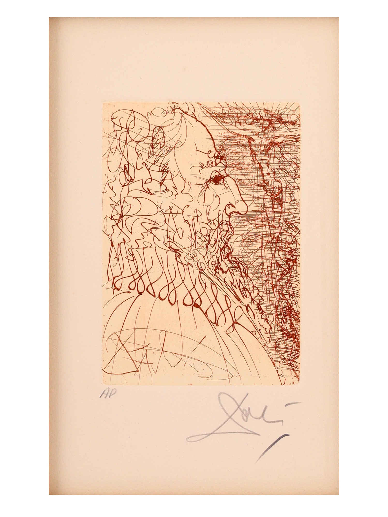 A SALVADOR DAL?, "EL GRECO," FROM THE "CINQ ESPAGNOLS IMMORTELS" SERIES, CIRCA 1968: Etching in sanguine ink on paper depicting a stylized profile portrait of El Greco rendered in Dalí's characteristic calligraphic and surrealist manner. The composition is formed from fluid linea