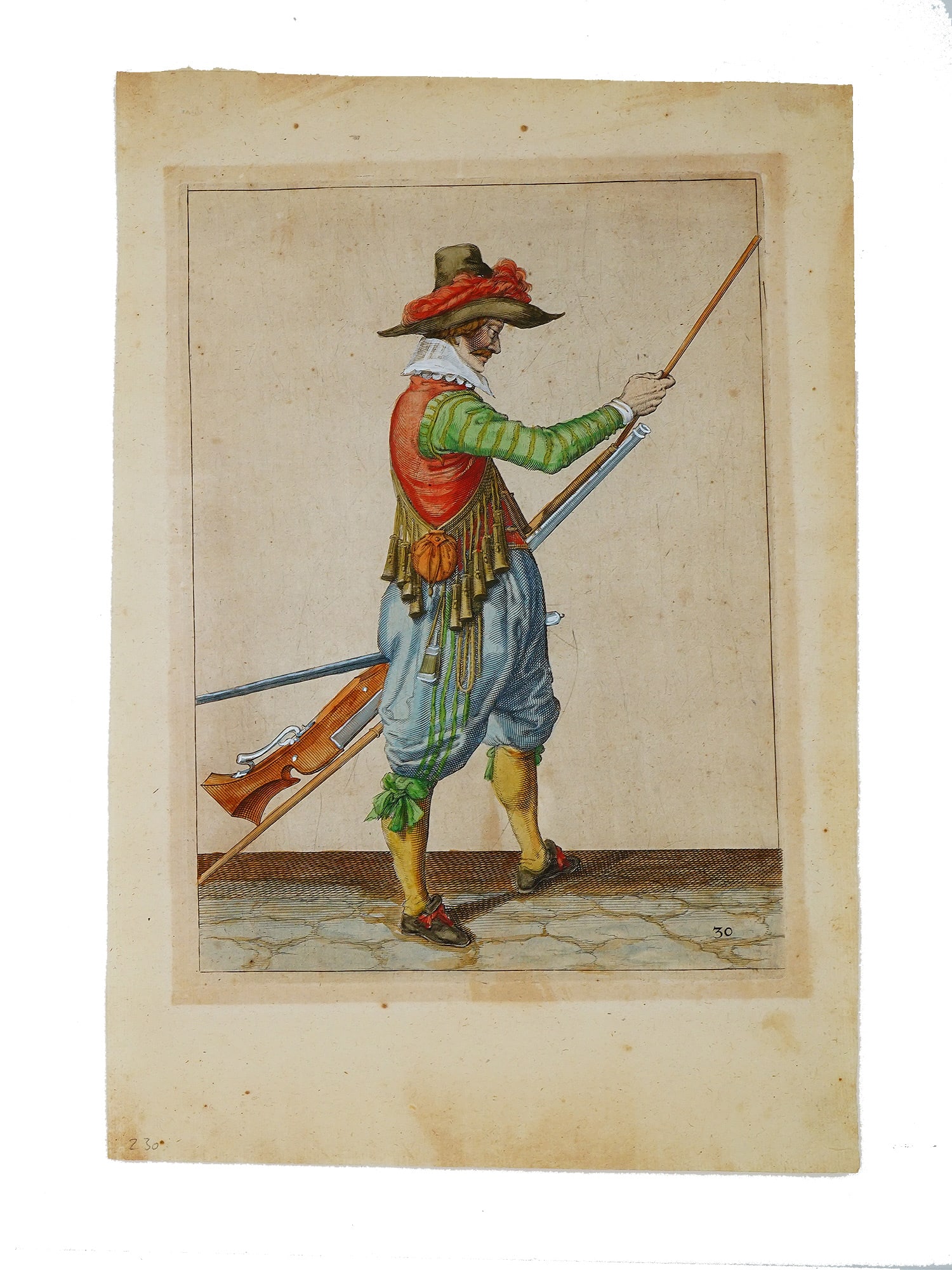 A MUSKETEER LOADING HIS WEAPON, DE GHEYN II, CA. 1607: Plate No. 30 from 'Wapenhandelinghe van Roers Musquetten ende Spiessen', an important Dutch manual of arms from an unknown author, illustrated by Jacob de Gheyn II with many copper plate engravings. '