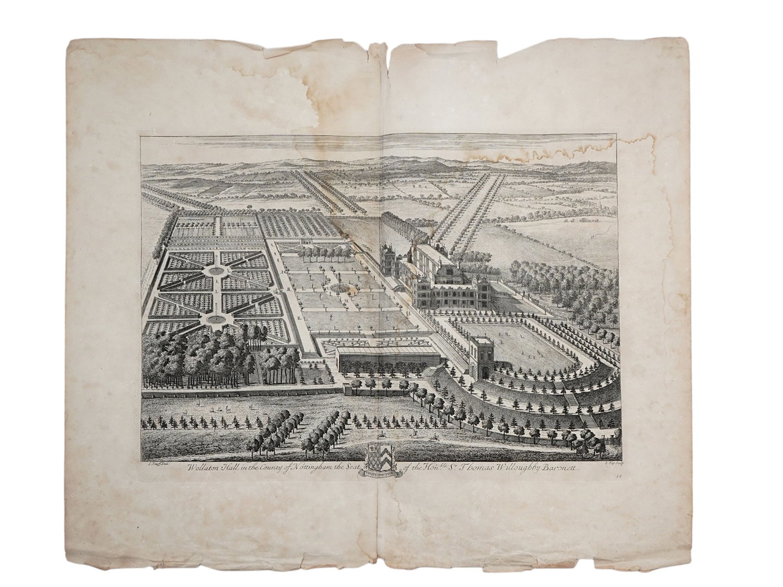 A 1707 ENGRAVING OF WOLLATON HALL, JAN KIP (1652-1722) AND LEONARD KNYFF (1650-1722), BRITANNIA: A fine engraving of the stately home known as Wollaton Hall created by the Dutch artists Jan Kip and Leonard Knyff for their famous 1707-1709 work 'Britannia Illustrata', an important collection of un