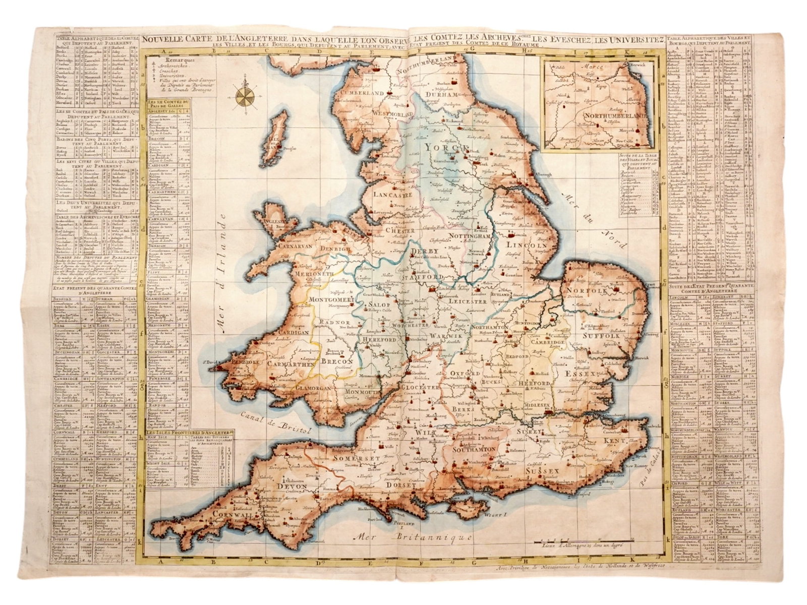 A 1720 MAP OF ENGLAND, HENRI CHATELAIN (1684-1743), FRENCH LANGUAGE, DUTCH PRINTING, HAND: A map of England and Wales printed in 1720 in The Netherlands. The map is surrounded by tables with information about the various districts of England, with statistics on the number of houses and pari