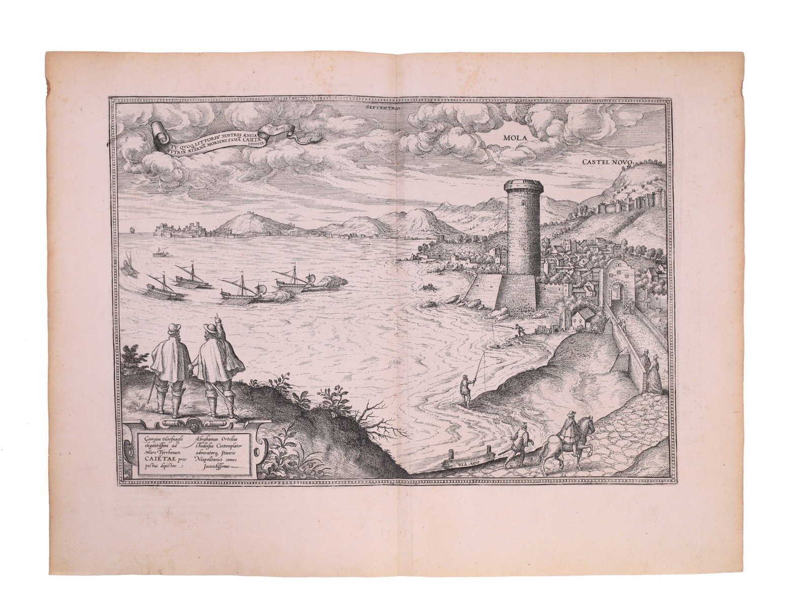 A C. 1575 VIEW OF GULF OF GAETA, MOLA, ITALY, BRAUN & HOGENBURG, CIVITATES ORBIS TERRARUM: A large engraving from the atlas 'Civitates Orbis Terrarum' showing a panoramic view of the Gulf of Gaeta in Italy, accompanied by Latin text discussing the history and society of the region. The 'Civ