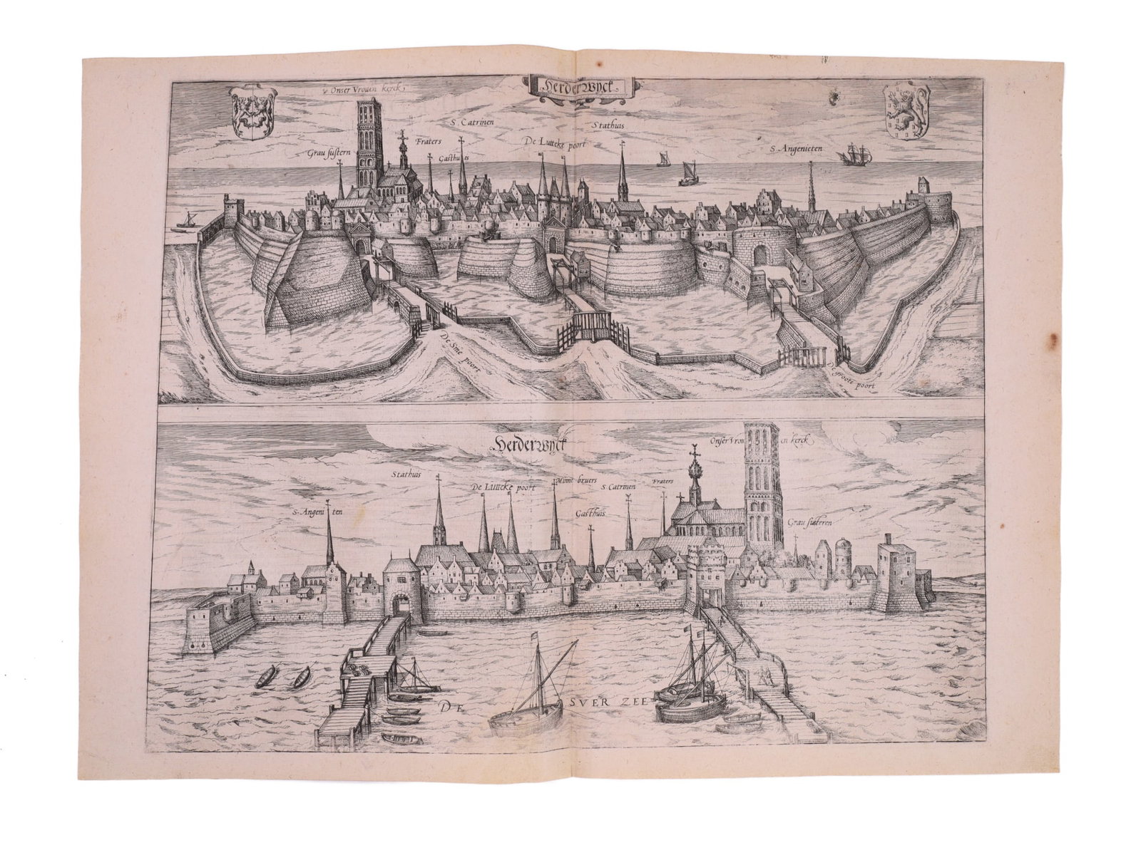 A C.1575 VIEW OF HARDERWIJK, THE NETHERLANDS, BRAUN & HOGENBURG, CIVITATES ORBIS TERRARUM: A large engraving from the atlas 'Civitates Orbis Terrarum' showing two views of Harderwijk in the Netherlands, accompanied by Latin text discussing the history and society of this great Dutch city. T