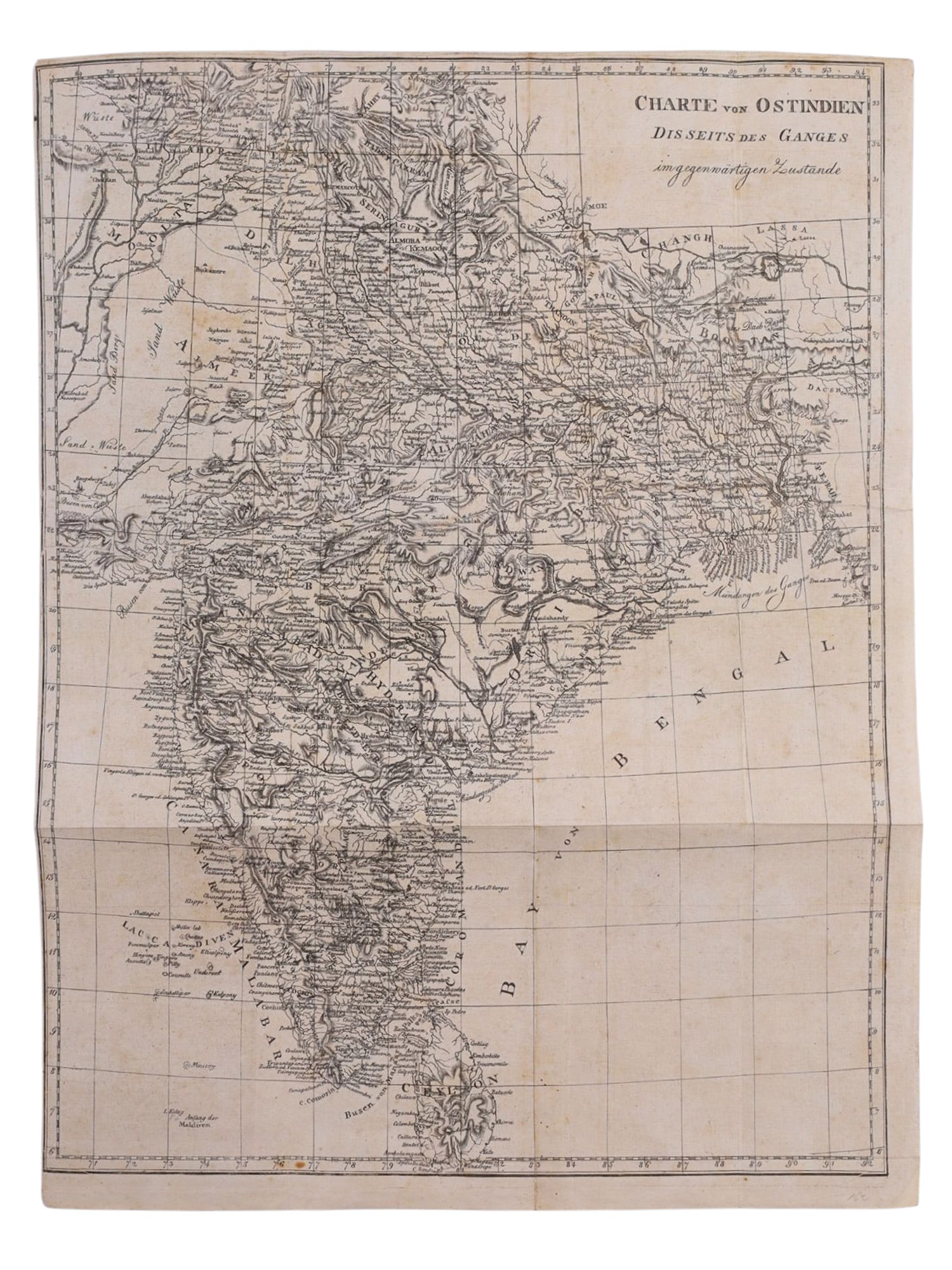 AN 1807 MAP OF INDIA, HEINRICH CHRISTIAN ALBERS, AFTER AARON ARROWSMITH, GERMANY: A map of India published in 1807 by the famed German cartographer Heinrich Christian Albers (1773-1833), most well known for the iconic Albers projection. This chart, entitled 'Charte von Ostindien di