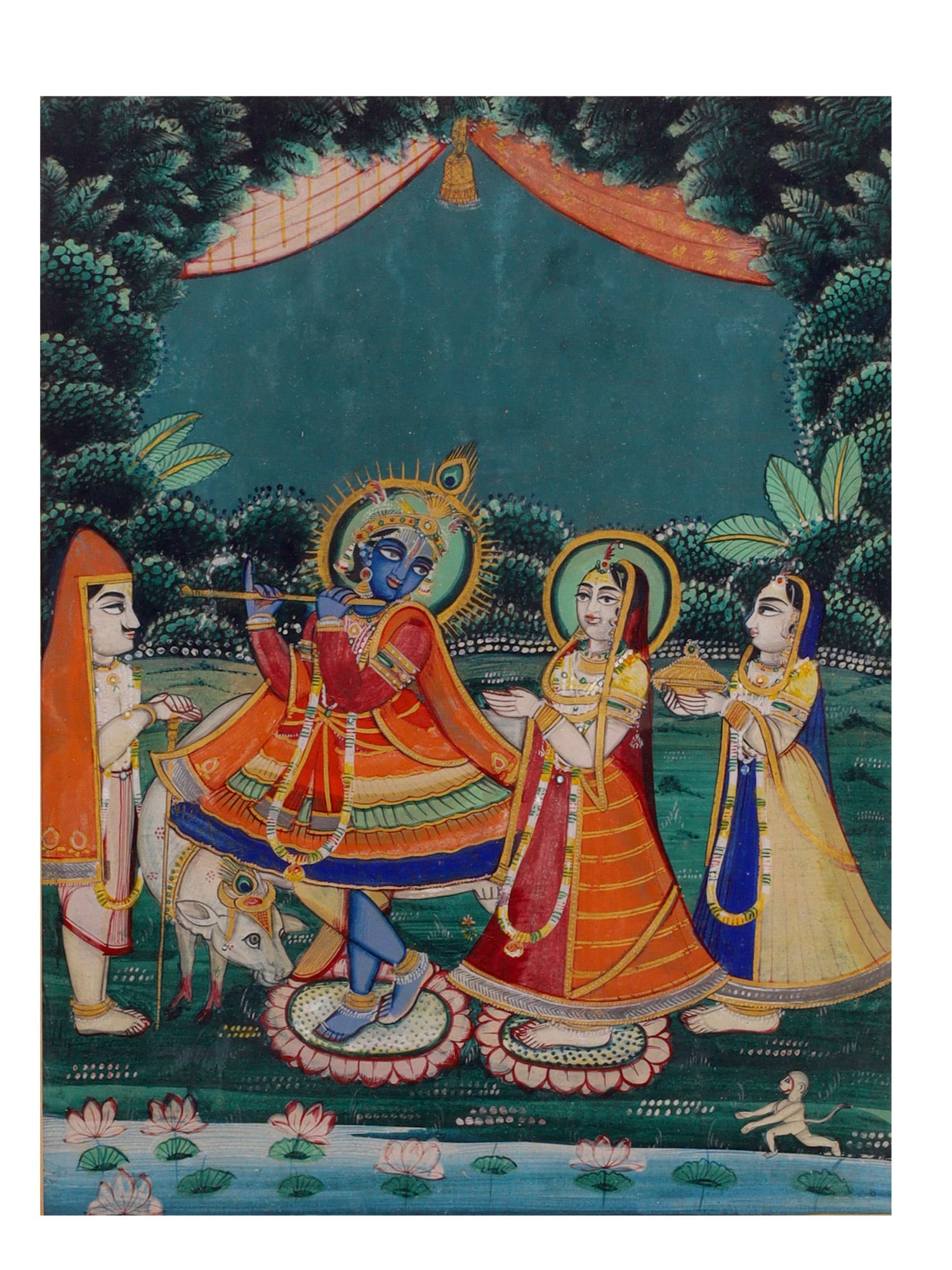 AN INDIAN PAINTING OF KRISHNA WITH ATTENDANTS IN A GARDEN SETTING, INDIAN SCHOOL, 19/20 CC (1 of 3)