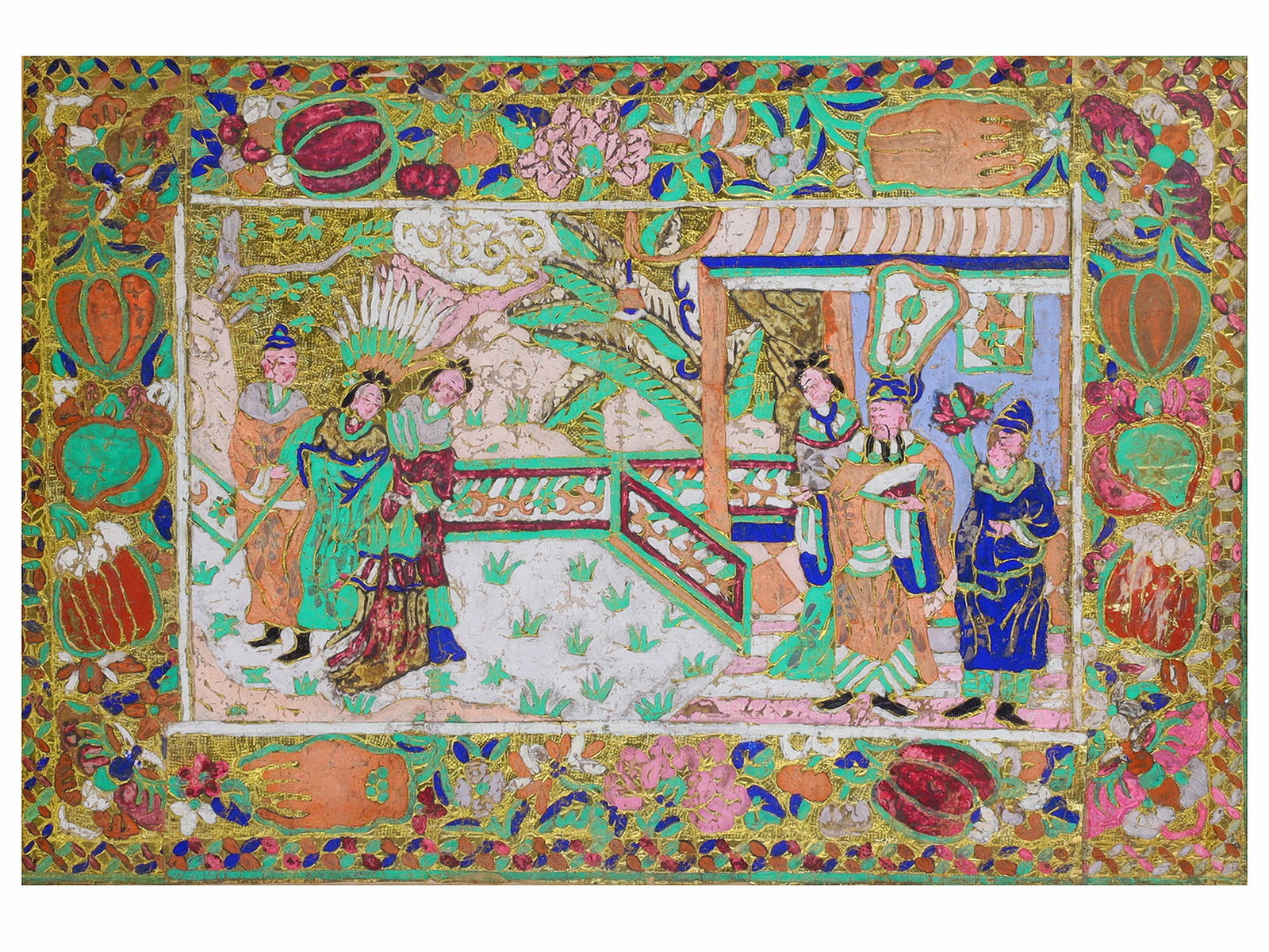 A FINE PERSIAN OR MUGHAL ILLUMINATED MINIATURE OF A COURTLY GARDEN RECEPTION, 19TH CENTURY: Opaque watercolor, gold, and ink on paper. An exquisitely decorative miniature depicting a noble gathering within a palace garden pavilion. Elegantly attired courtiers converse amid a verdant setting 