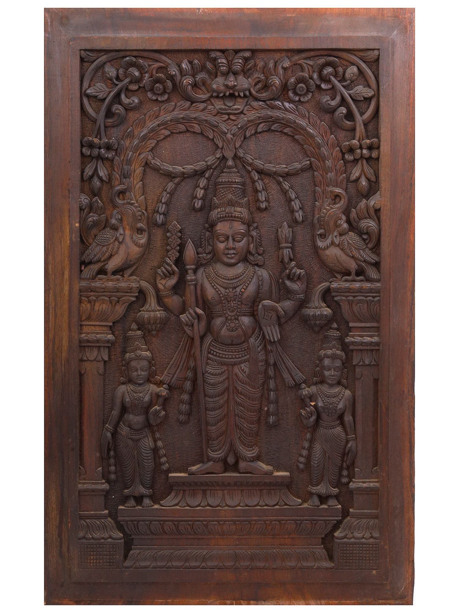 AN INDIAN CARVED WOOD PANEL, SHIVA AND CREATURES, DOUBLE-SIDED, 19TH/20TH CEN. (1 of 2)