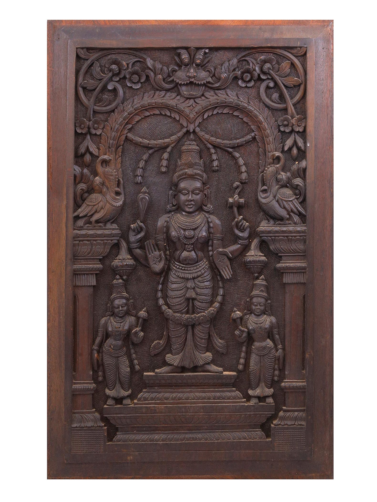 AN INDIAN CARVED WOOD PANEL, SHIVA AND CREATURES, DOUBLE-SIDED, 19TH/20TH CEN. (1 of 2)