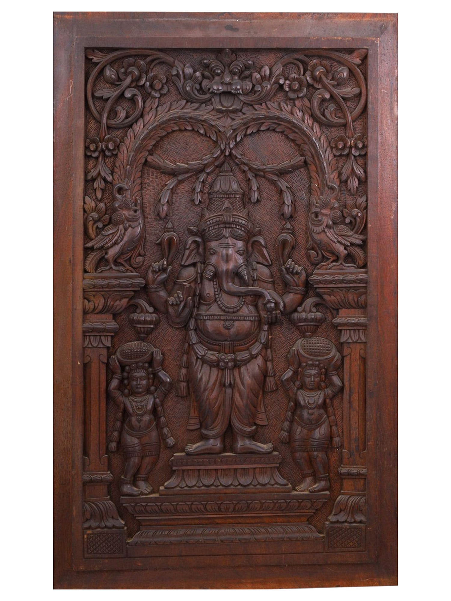 AN INDIAN CARVED WOOD PANEL, GANESH AND GARUDA, DOUBLE-SIDED, 19TH/20TH CEN. (1 of 2)