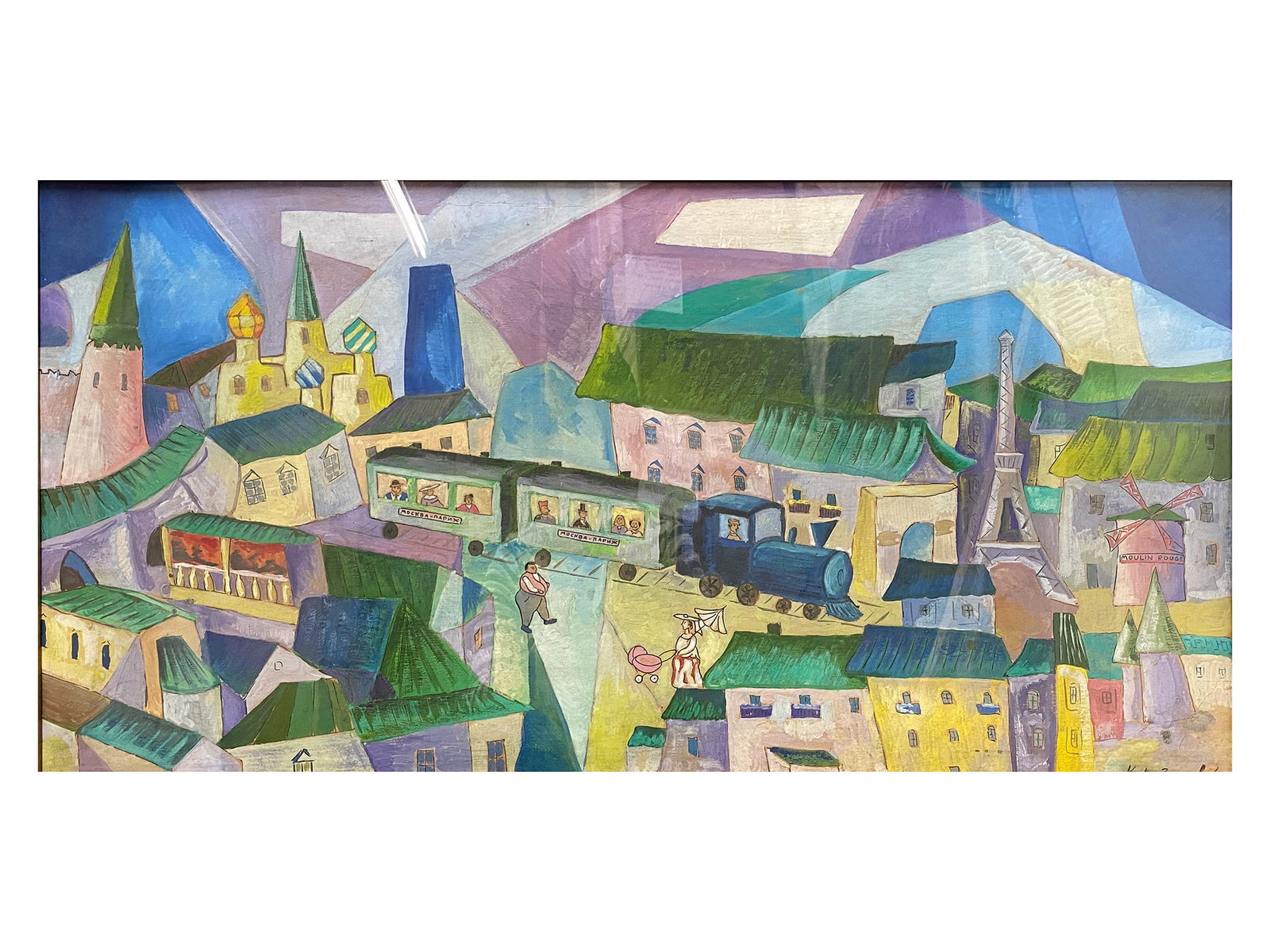 A KIRILL ZDANEVICH (1892-1969), RUSSIAN, GOUACHE PAINTING: Kirill Zdanevich (Russian, 1892-1969) gouache on board painting "Moscow-Paris Train." Signed in Cyrillic 'Kyr. Zdanevich' lower right. Provenance: Private collection, Georgia. Please make all inquirie