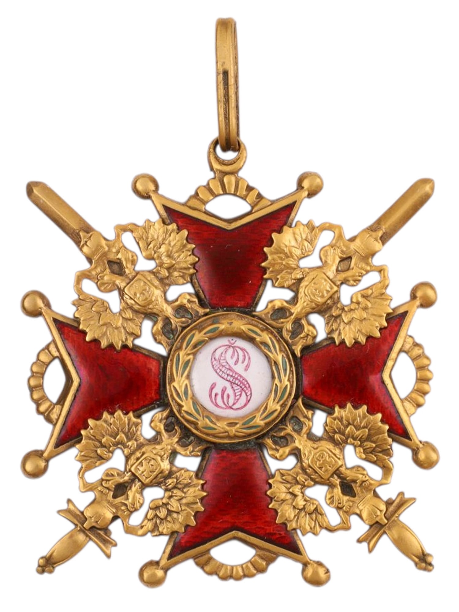 AN IMPERIAL RUSSIAN ORDER OF SAINT ANNE, 2ND CLASS WITH SWORDS, BY EDUARD, ST. PETERSBURG, LATE 19TH: An Imperial Russian Order of Saint Anne (Military Division), 2nd Class with swords, awarded for military merit. The badge formed as a red enameled cross with flared arms, set between double-headed Imp