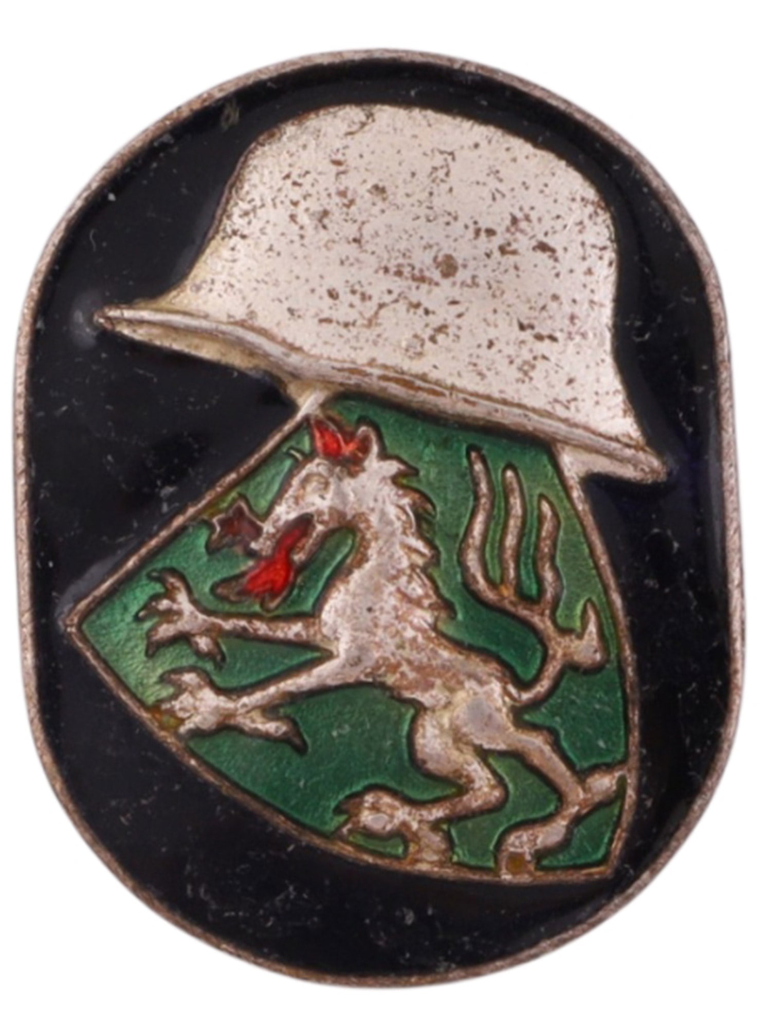 A GERMAN VETERANS ASSOCIATION ENAMELED MEMBERSHIP BADGE, CIRCA 1920S?1930S: Silvered metal and enamel membership badge of oval form depicting a steel combat helmet above a green heraldic shield charged with a rampant silver lion. The reverse fitted with a vertical pinback and