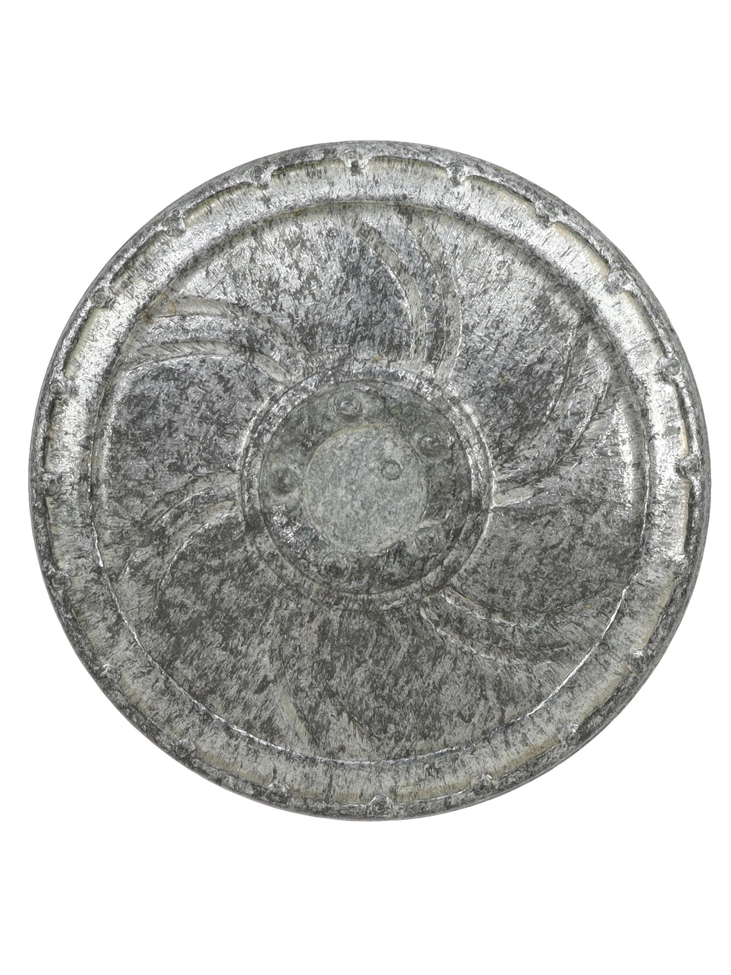 A GERMAN WWII GERMANIC THURINGIAN SHIELD TINNIE BADGE: A German WW2 zinc alloy badge of the WHW, Wintershilfswerke, or Winter Help Work Organisation, featuring an ancient Germanic shield. Marked on back Thuringisch 7. Jahrh. H9. A gemstone in the center i