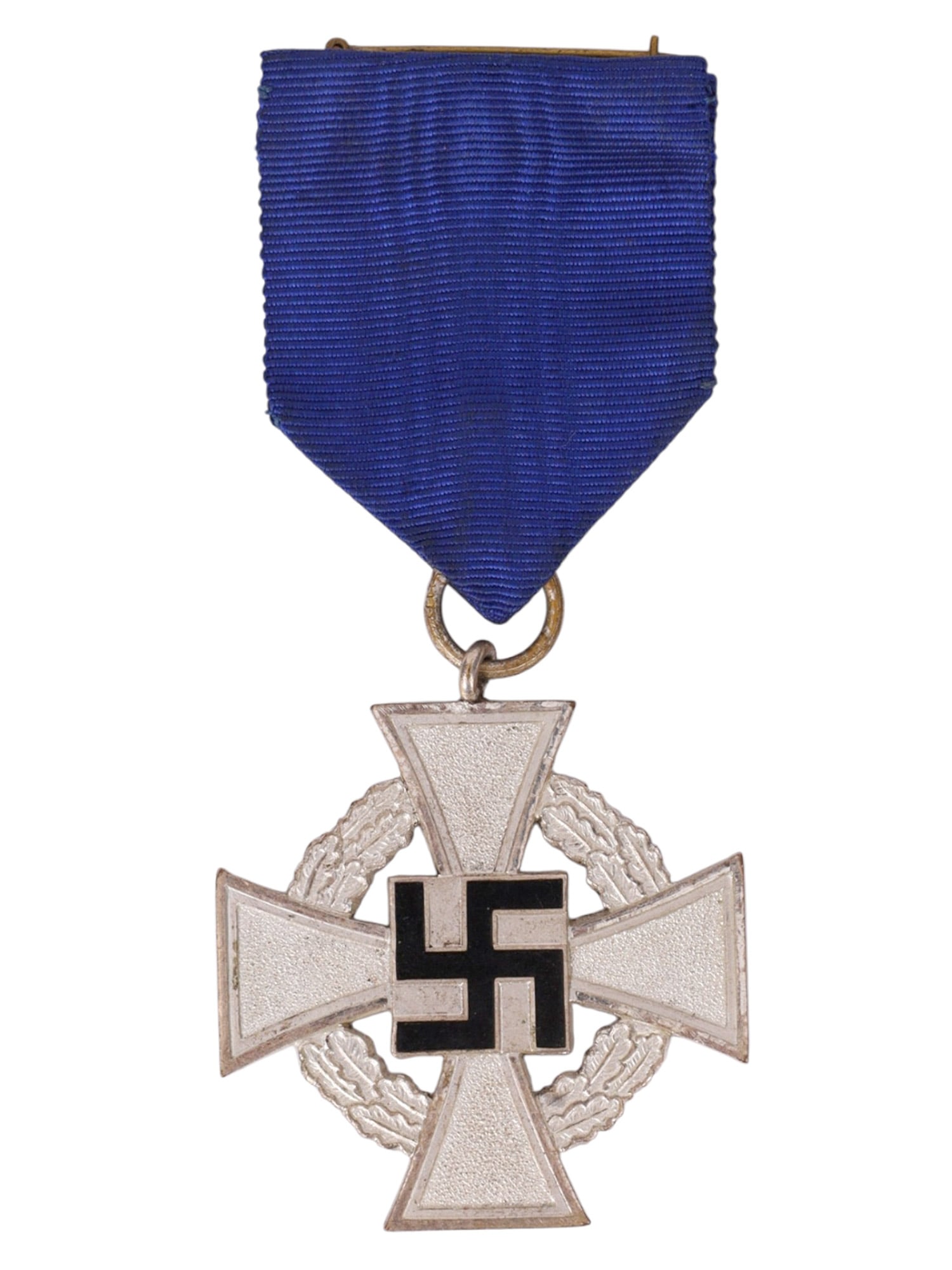 A GERMAN FAITHFUL SERVICE DECORATION, 25 YEARS, THIRD REICH: Silvered cross pattée with black enameled swastika at the center of the obverse, superimposed upon a wreath of oak leaves. The reverse bears the inscription "Für treue Dienste" ("For Faithfu