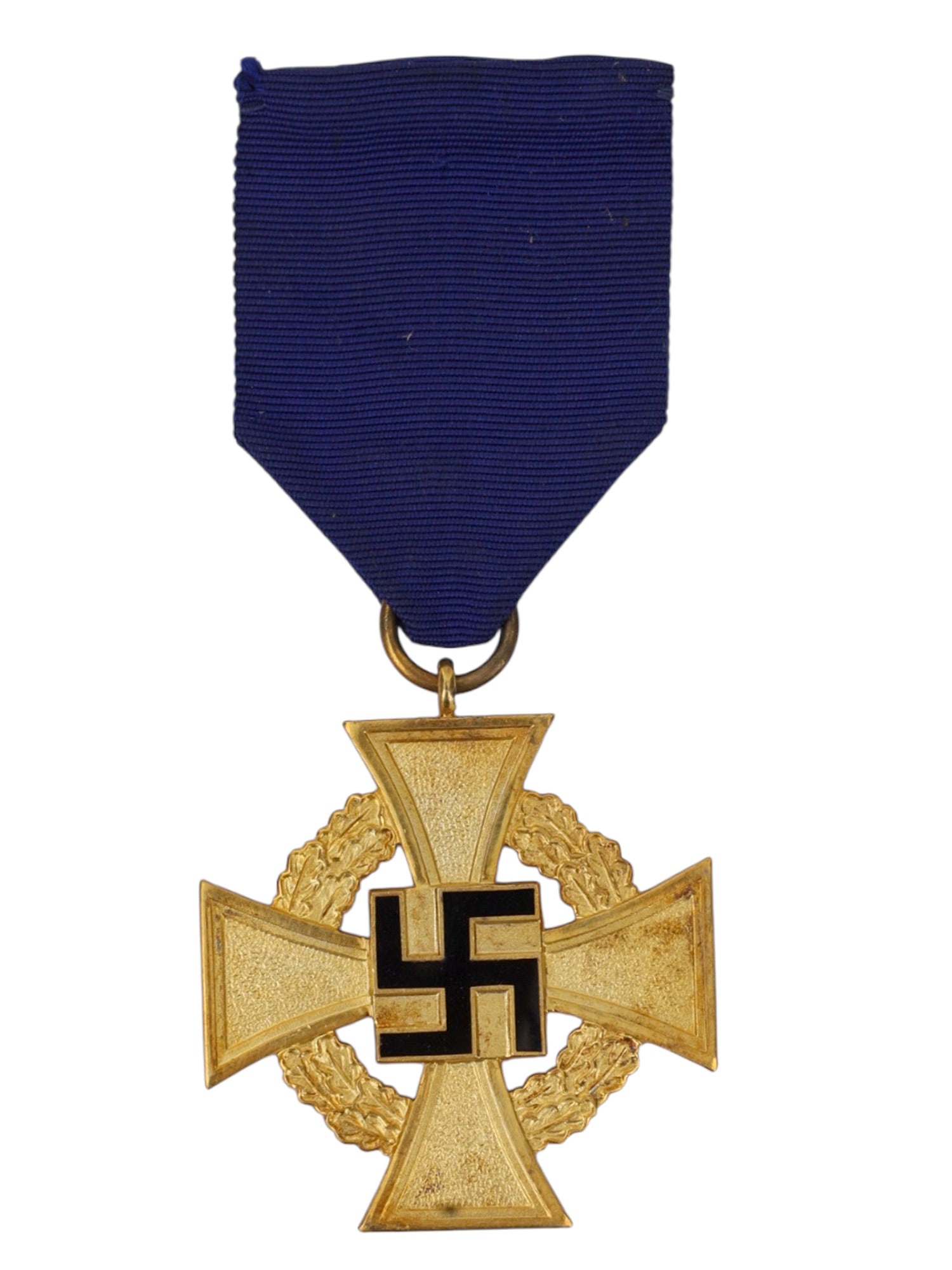 A GERMAN MOTHER'S CROSS IN GOLD (GOLDENES EHRENKREUZ DER DEUTSCHEN MUTTER), THIRD REICH: Gilt bronze cross pattée with black enameled swastika at the center, superimposed upon a laurel wreath. The reverse bears the inscription "Der Deutschen Mutter" ("To the German Mother") in relief
