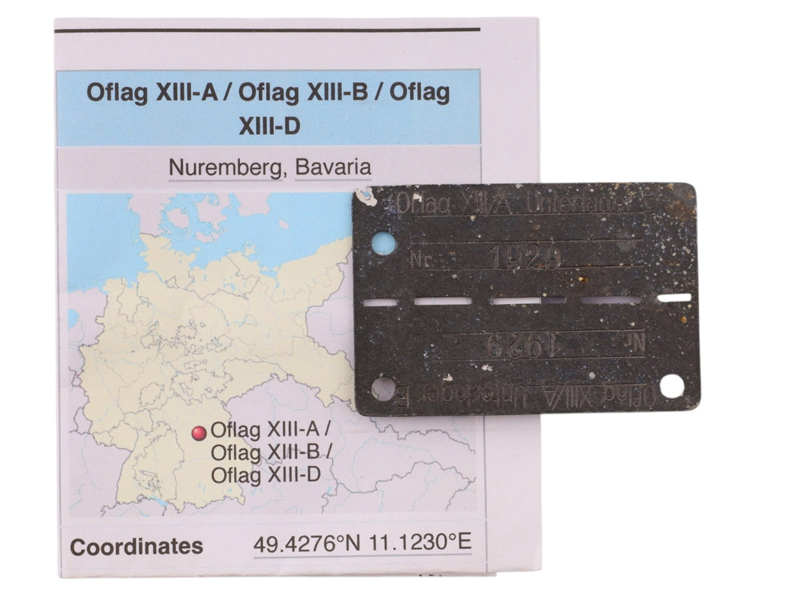 A WWII GERMAN POW IDENTIFICATION TAG FROM OFLAG XIII-A, NUREMBERG, C. 1940: An identification tag for Prisoner #1929 at the Oflag XIII-A POW camp in Nuremberg, particularly for Unterlager B, the sub-camp which primarily held French officers captured at the beginning of the wa