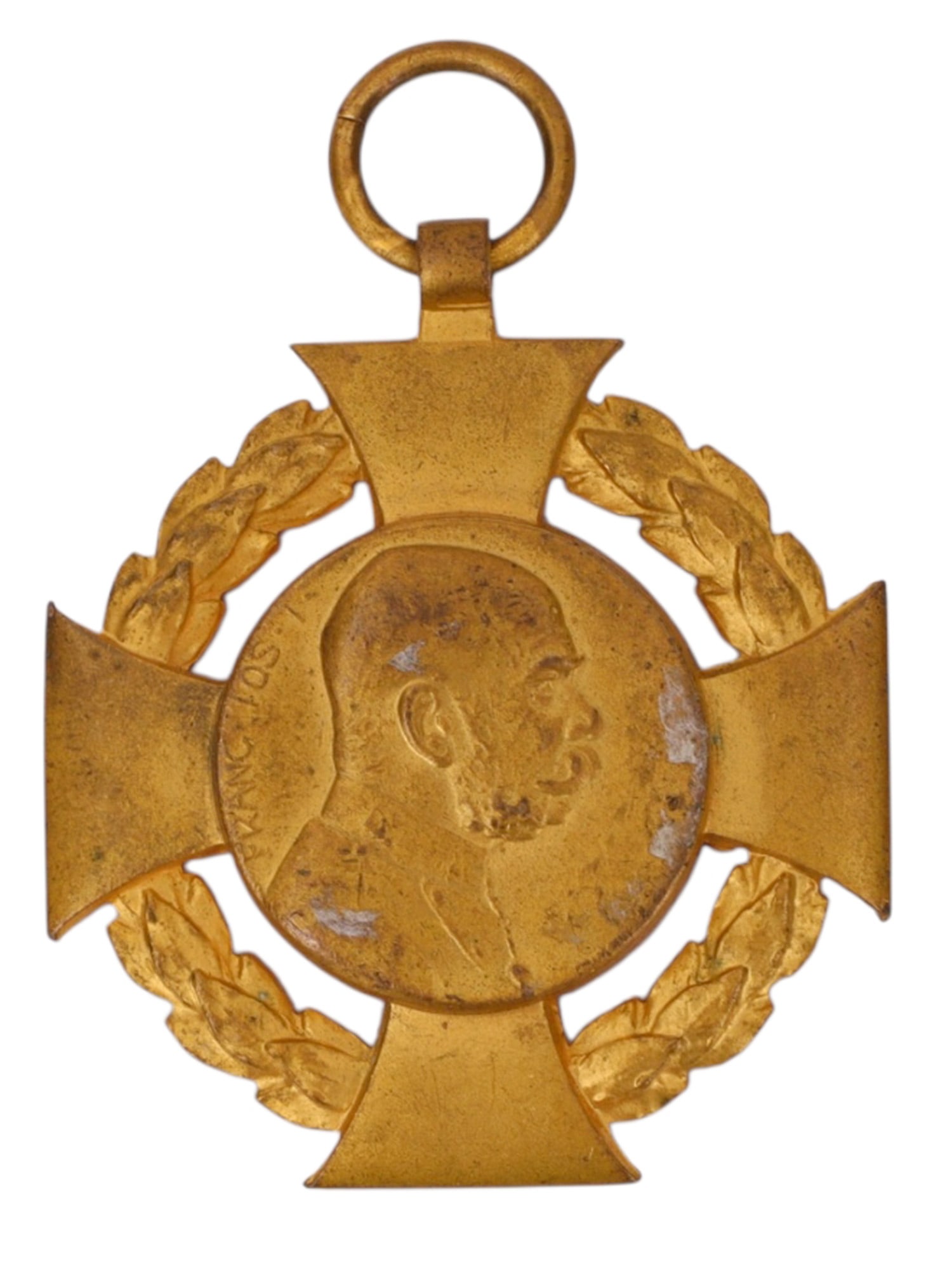 AN AUSTRO-HUNGARIAN EMPEROR FRANZ JOSEPH I COMMEMORATIVE MEMORIAL MEDAL, 1916: Gilt metal commemorative cross of Maltese form, centered by a portrait medallion of Emperor Franz Joseph I facing right, enclosed within a laurel wreath. The reverse bears the dates "1848" and "1908,"