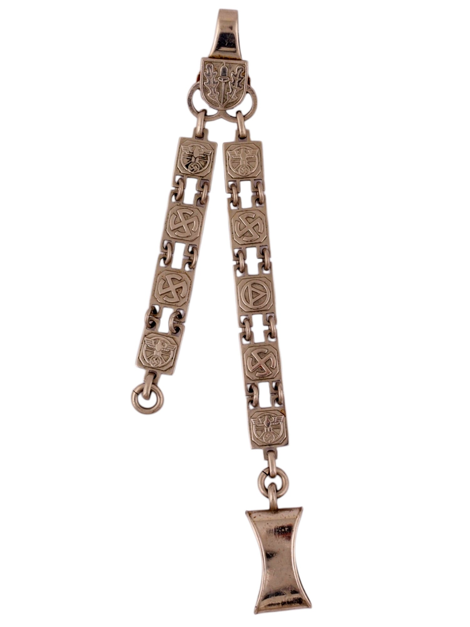 A NSKK M1936 DAGGER HANGER (CHAIN TYPE), THIRD REICH PERIOD: A Nationalsozialistisches Kraftfahrkorps (NSKK) Model 1936 dagger hanger, executed in silvered metal and comprising a shield-form belt clip suspending twin articulated chains. The links are decorated 
