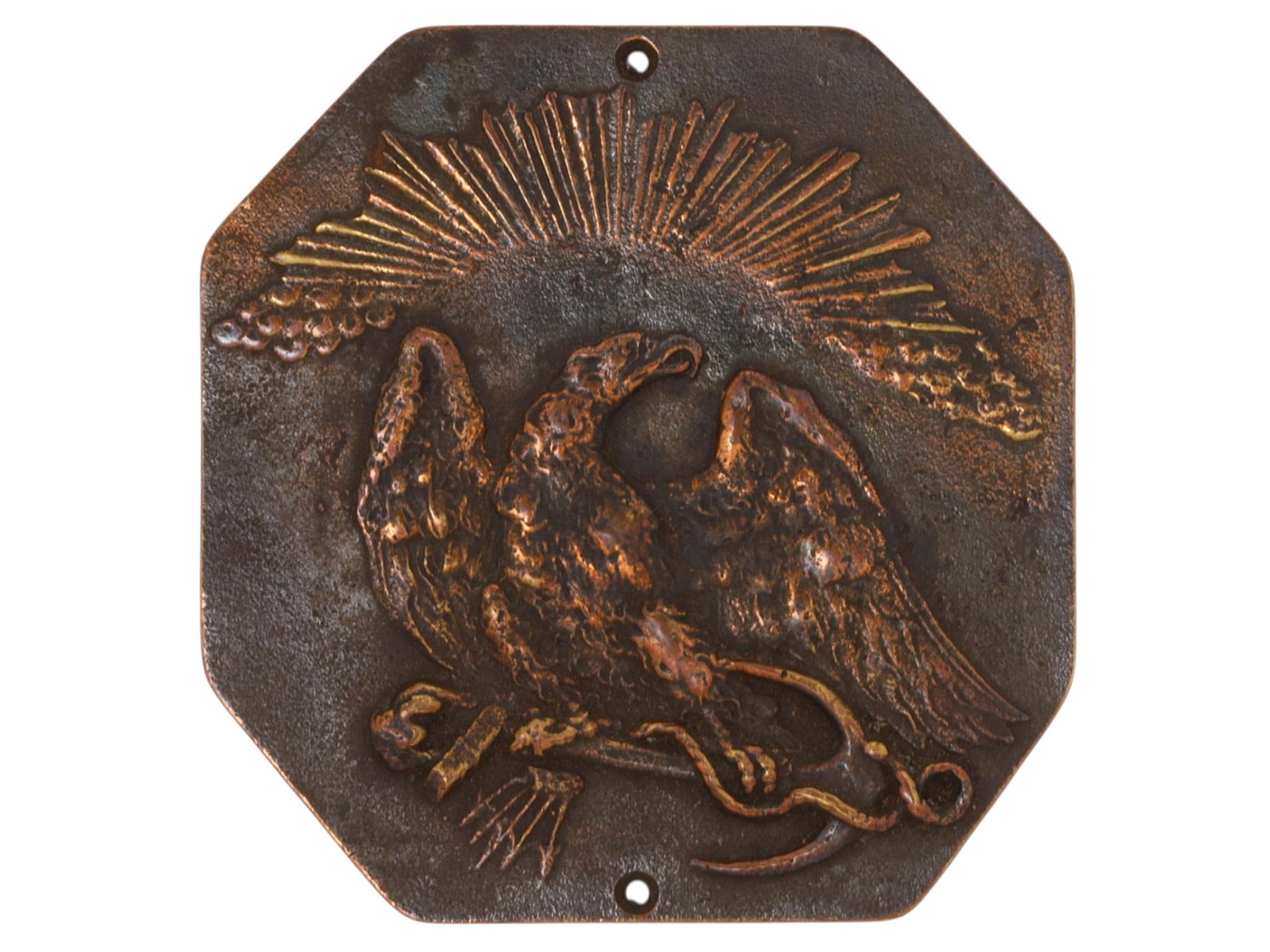 AN 18TH CENTURY US DEPARTMENT OF NAVY BRONZE PLAQUE: A 18th century American bronze plaque, depicting an eagle holding aloft a large anchor and five arrows, representing the United States Navy. Plaques like this may have been displayed on an official bu