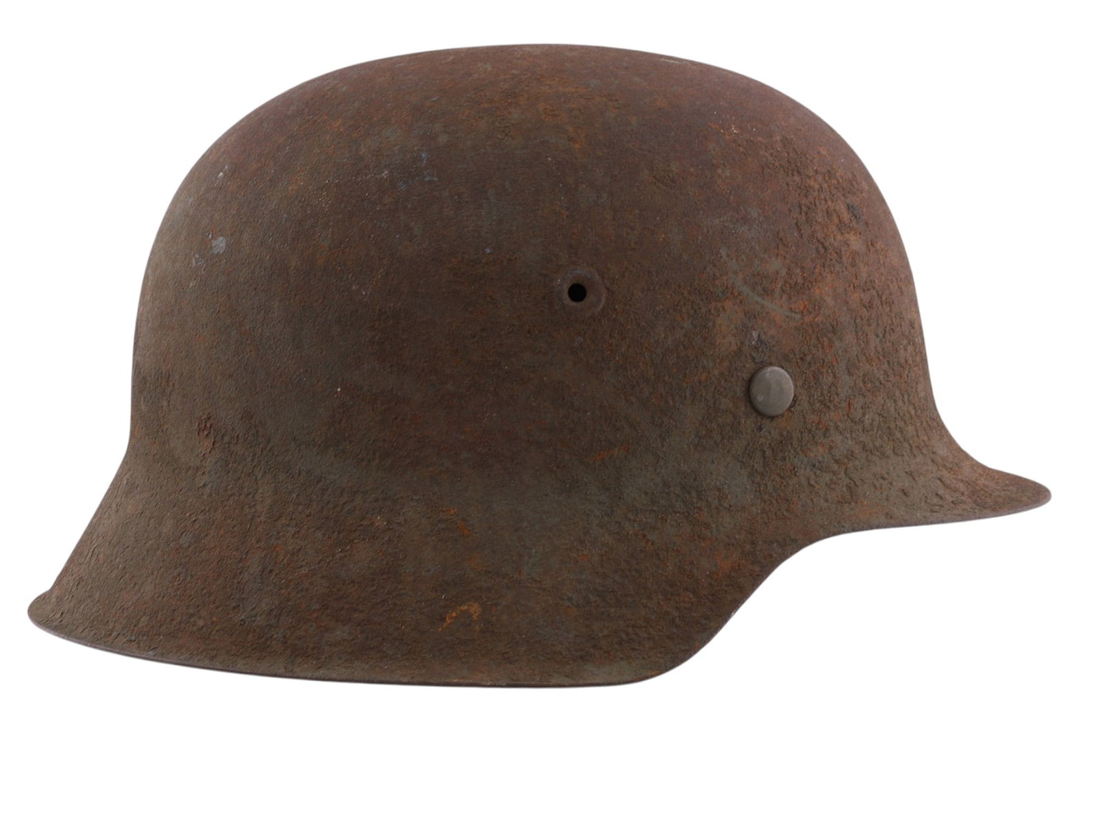 A GERMAN M42 STEEL COMBAT HELMET, THIRD REICH PERIOD, CIRCA 1940S: A steel combat helmet Model 1942, featuring the characteristic rolled rim and flared skirt associated with the standard helmet of the German armed forces during the Second World War. The helmet retain